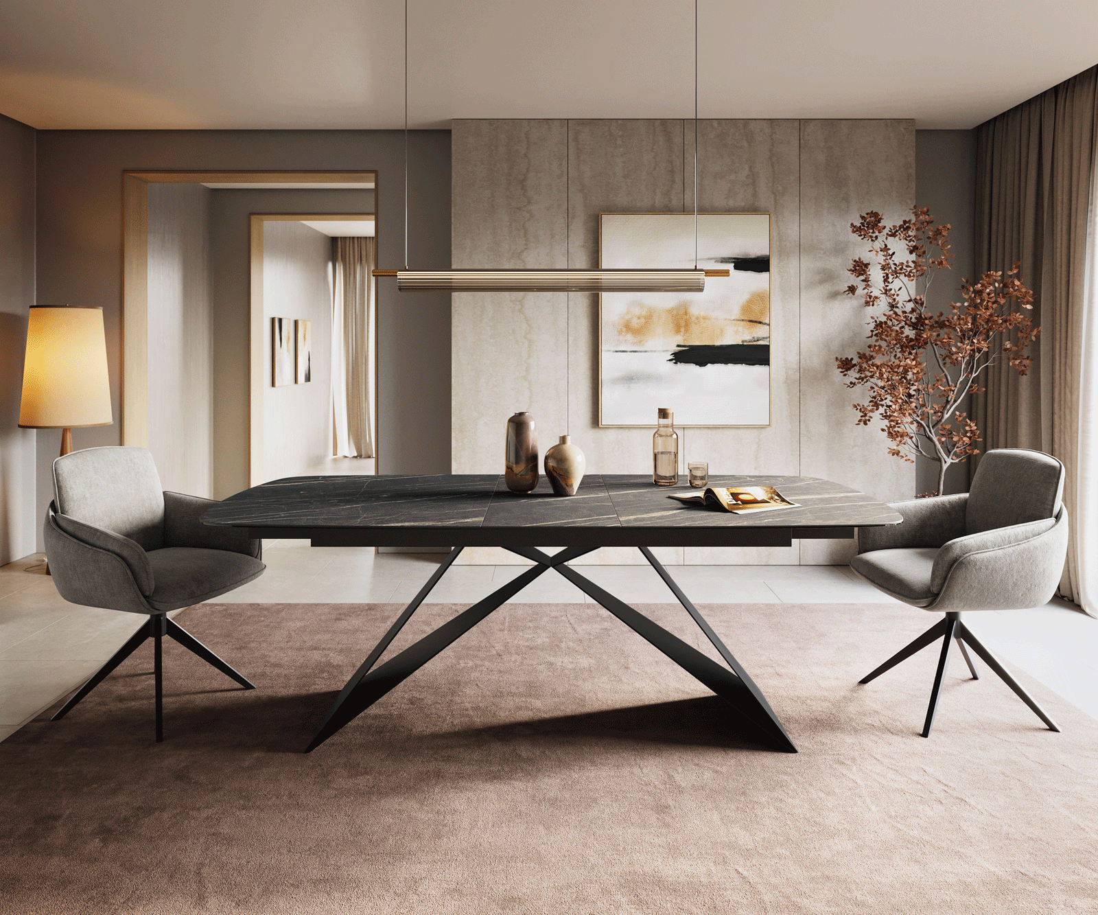 Table à manger Edge Boot 180-220x100 cm Laminam® Céramique Noir Desir Braun piètement en V Flachstahl Noir extensible 2