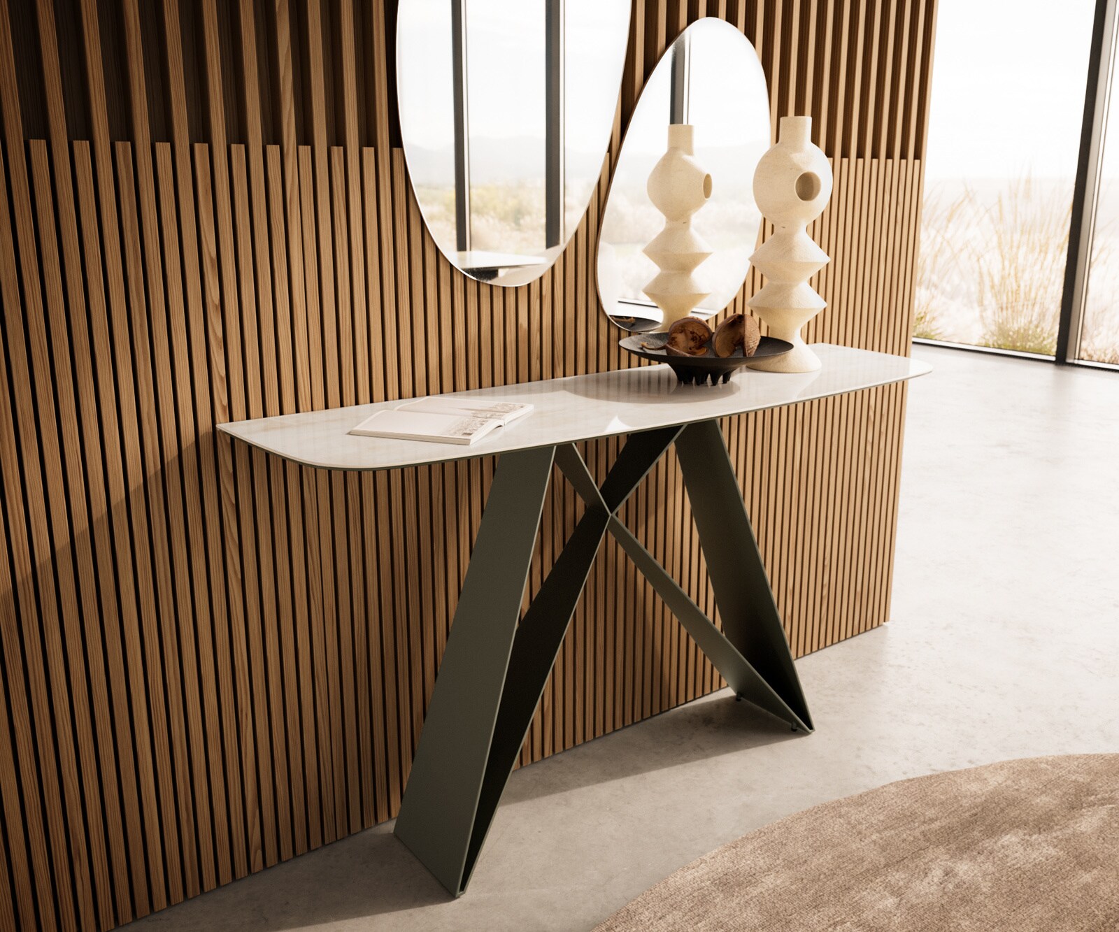 Console Edge forme bateau 140x40 cm Céramique Onyx Champagne Velio Métal Effektfinish Titan 4
