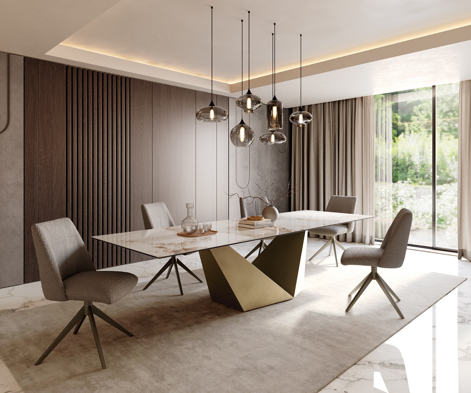 Table à manger Edge 300x100 céramique Minas mélange blanc-beige Prisma métallique doré 7