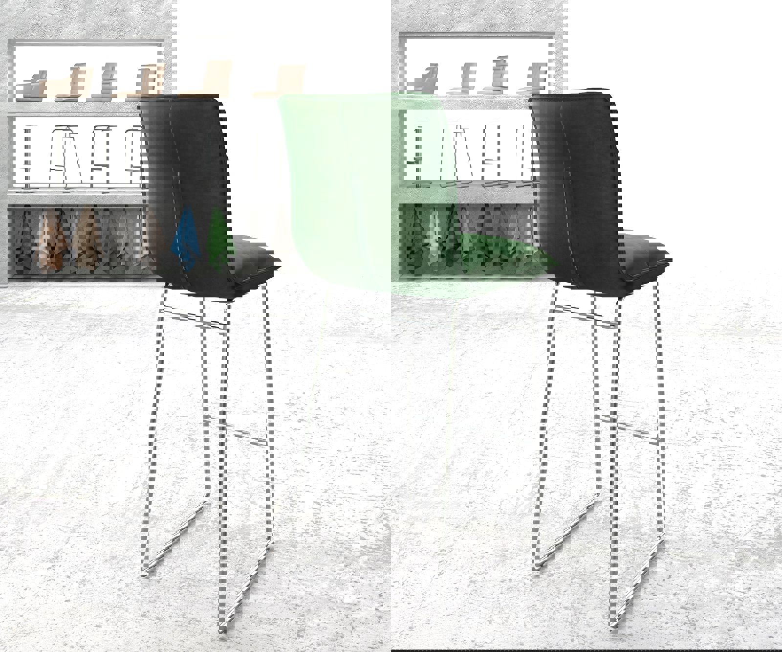 Chaise-de-bar Maddy-Flex velours vert cadre de patins acier inoxydable 2 Chaise-de-bar Maddy-Flex velours vert cadre de patins acier inoxydable 2