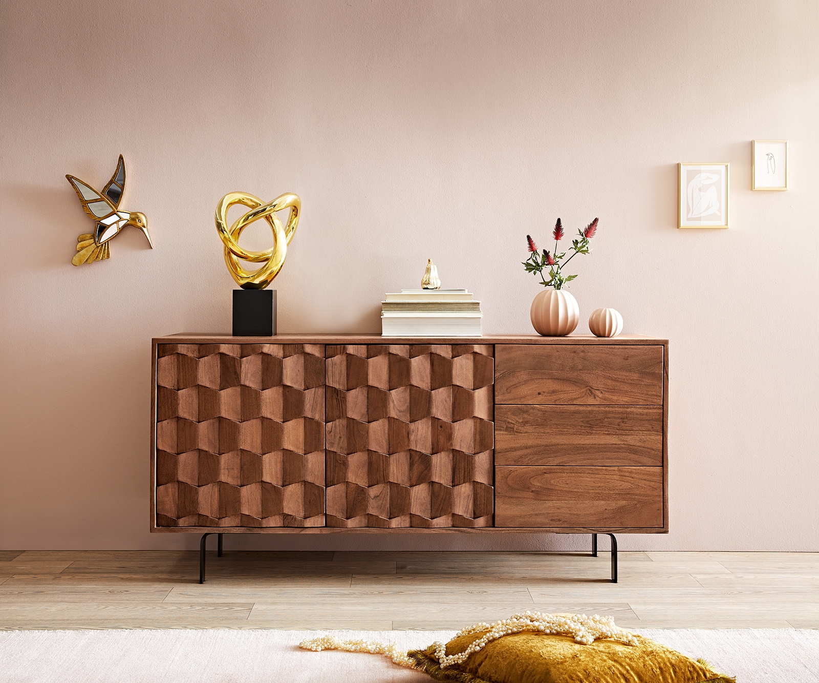 Buffet Fevo 145 cm acacia marron 2 portes 3 tiroirs Pied-L 1 Buffet Fevo 145 cm acacia marron 2 portes 3 tiroirs Pied-L 1