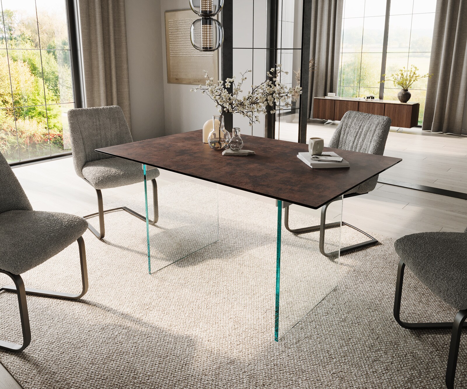 Table de salle à manger Edge 140x90 verre antique-brun piétement verre 1