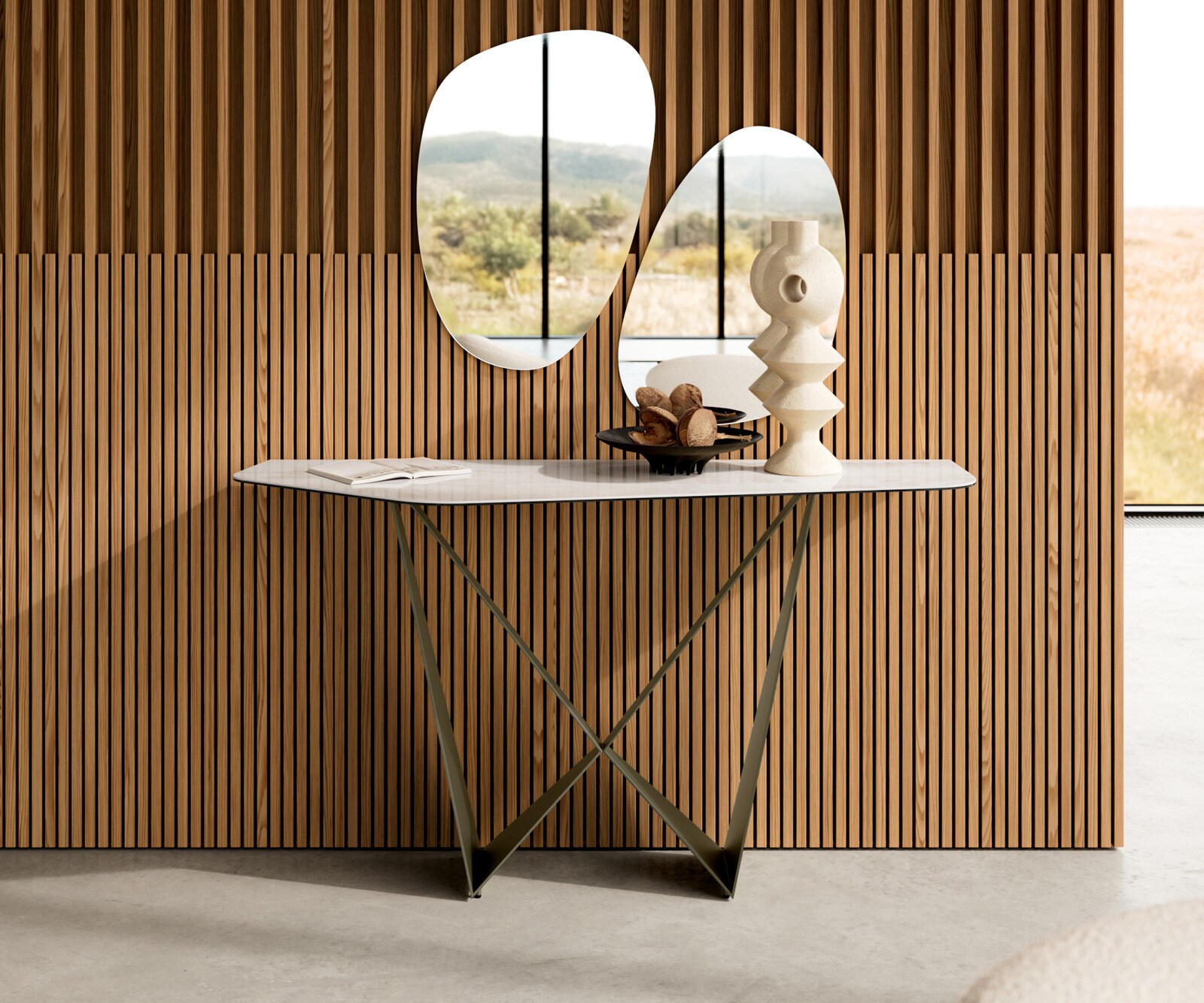 Console Edge Polygonal 140x50 cm Céramique Onyx Champagne Spios Métal Effektfinish Titan 3