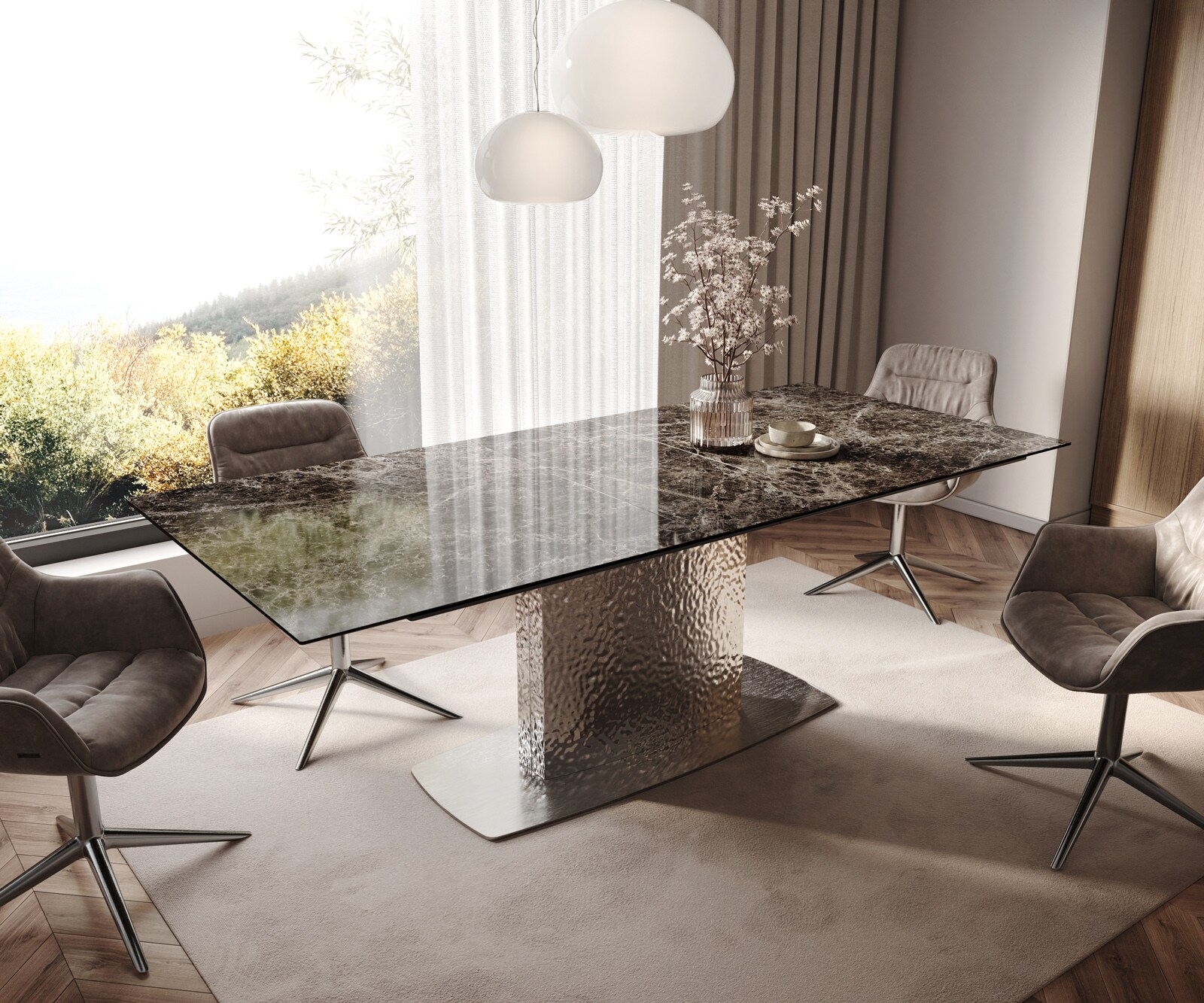 Table de salle à manger Edge Céramique Emperador Extra Lucidato Brun foncé 180-220x100 Wave Acier inoxydable extensible 1