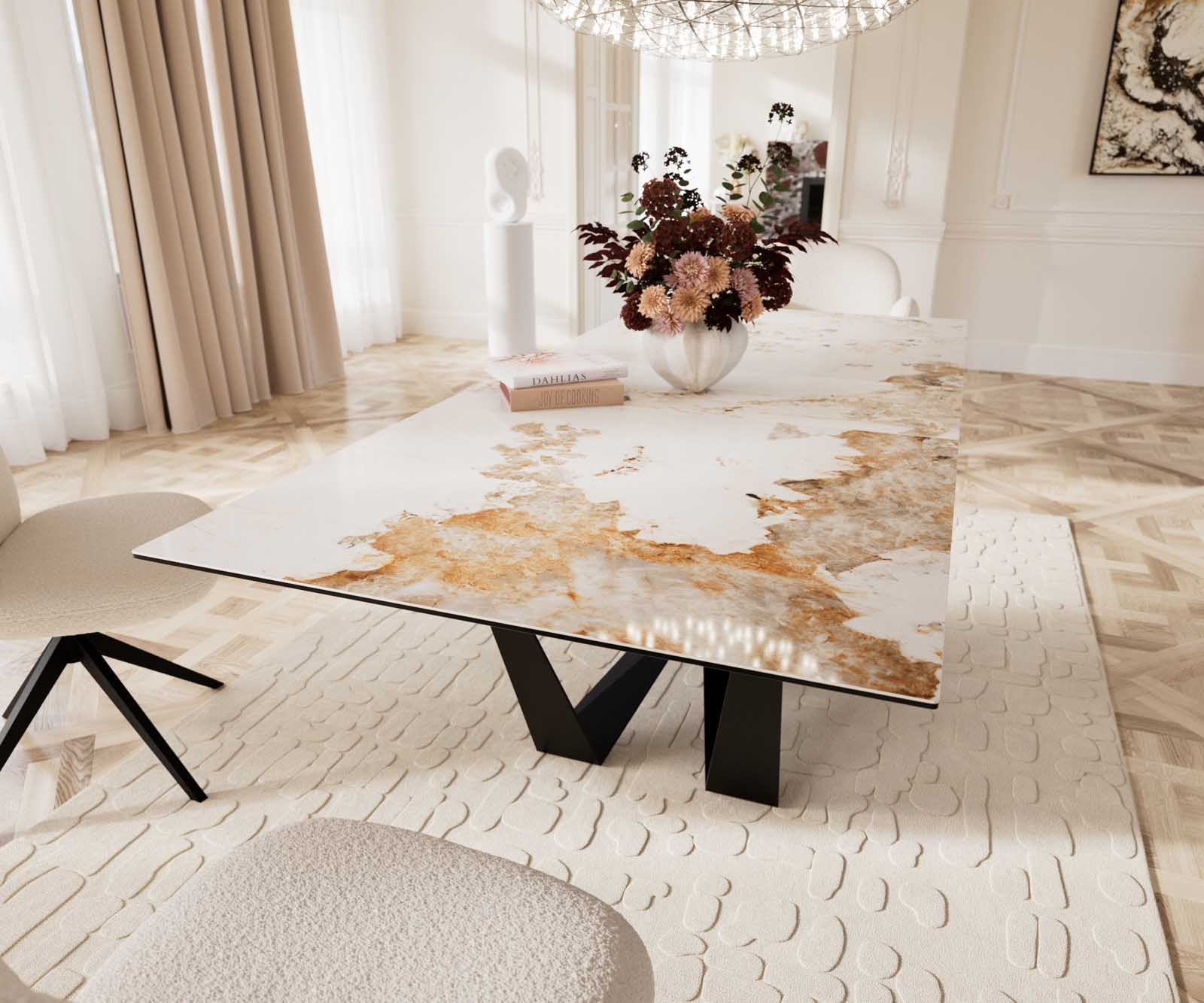 Table à manger Edge 180-220x100 céramique Minas mélange blanc-beige Spider acier plat noir extensible 8