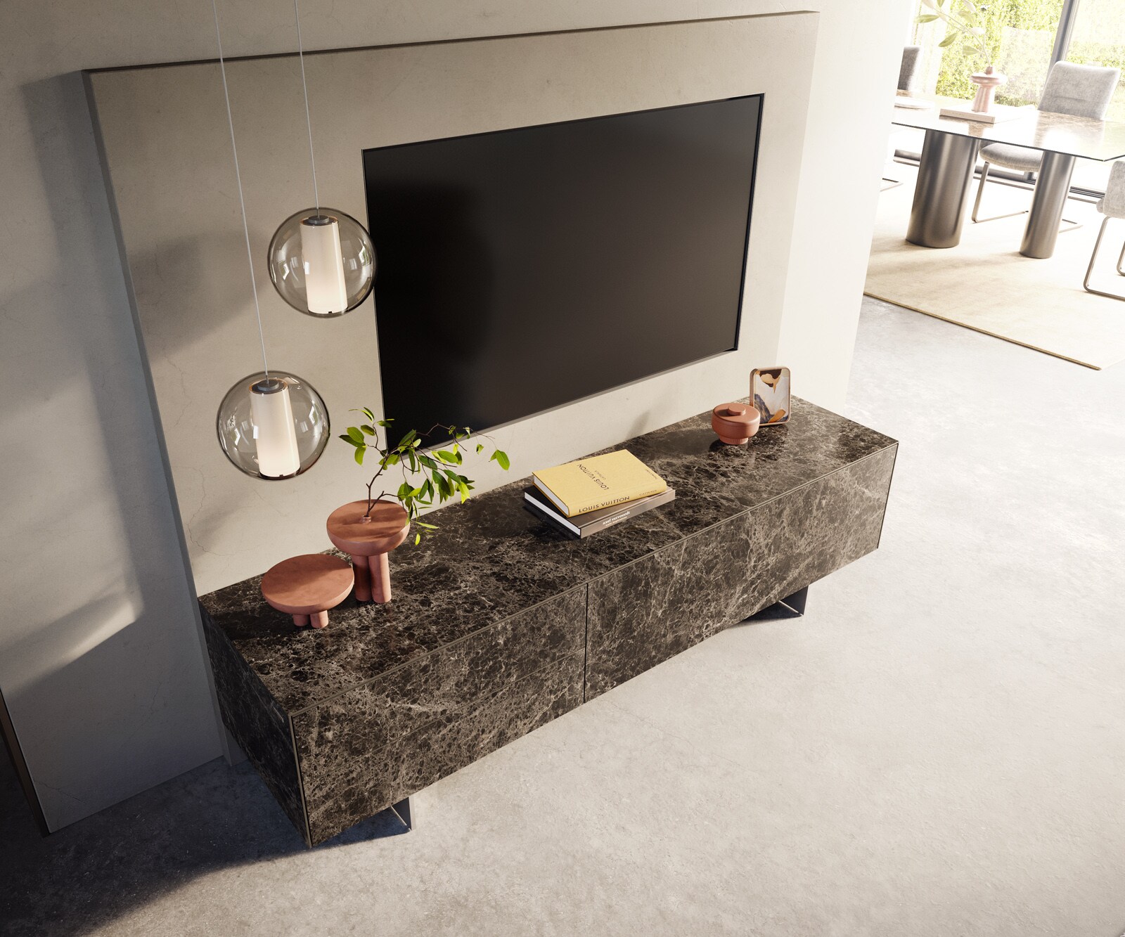 Meuble-TV Cuor 180 cm Céramique Laminam® Emperador Extra Lucidato brun foncé 1 Clapet 2 Tiroirs Pied optique flottant Ancier inoxydable 4