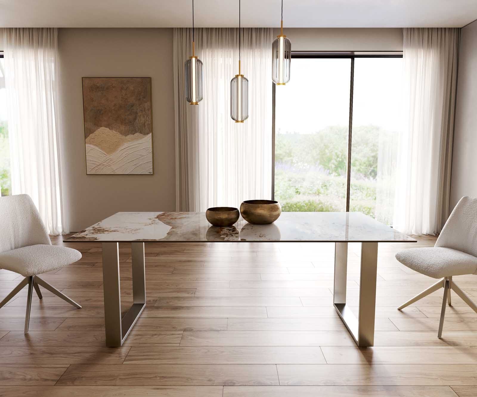 Table à manger Edge 200x100 céramique Minas mélange blanc-beige acier inoxydable mince 1 Table à manger Edge 200x100 céramique Minas mélange blanc-beige acier inoxydable mince 1