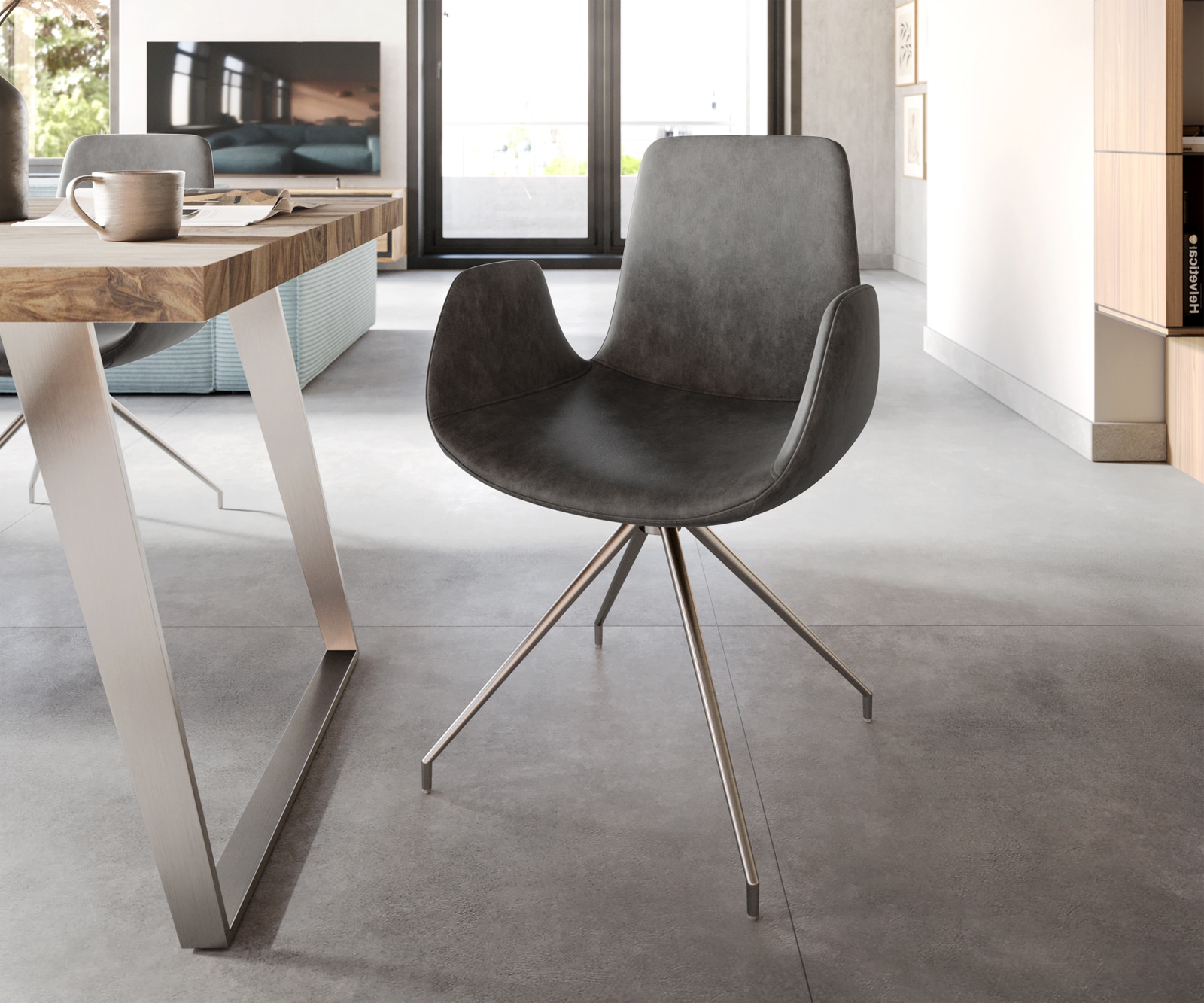 Chaise-de-salle-à-manger Ilia-Flex avec accoudoirs microvelours anthracite vintage pied croisé conique acier inoxydable brossé Chaise-de-salle-à-manger Ilia-Flex avec accoudoirs microvelours anthracite vintage pied croisé conique acier inoxydable brossé