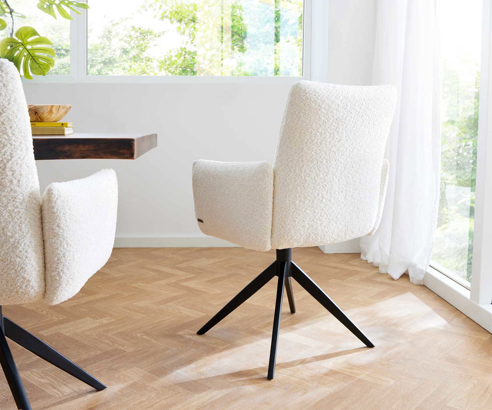 Chaise-pivotante Jova-Flex avec accoudoirs bouclé blanc pied croisé large noir pivotement sur 360° ressorts ensachés 4 Chaise-pivotante Jova-Flex avec accoudoirs bouclé blanc pied croisé large noir pivotement sur 360° ressorts ensachés 4