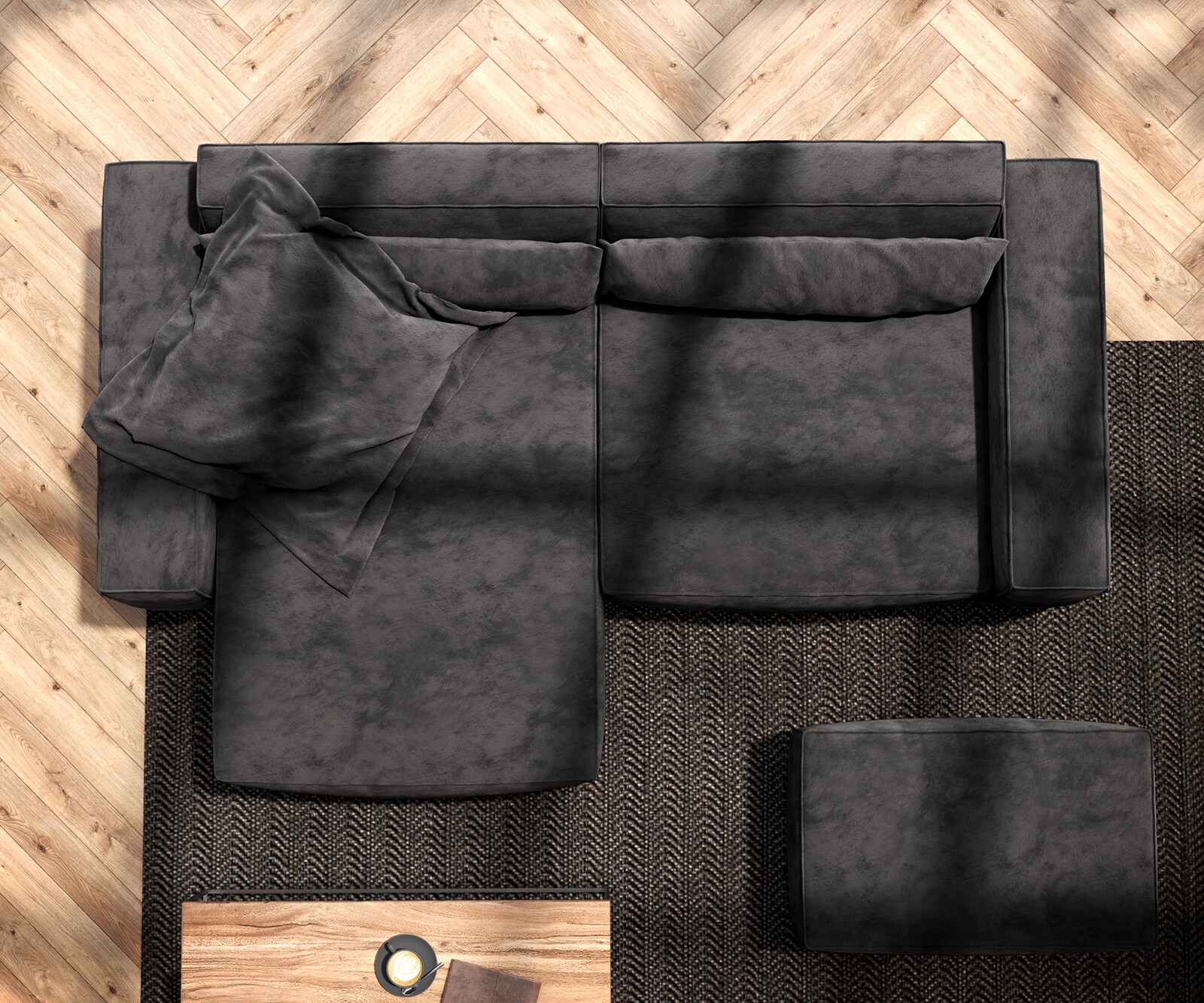 Canapé d'angle Sirpio 230x150 cm Microfibre Noir Recamiere variable avec Tabouret 5