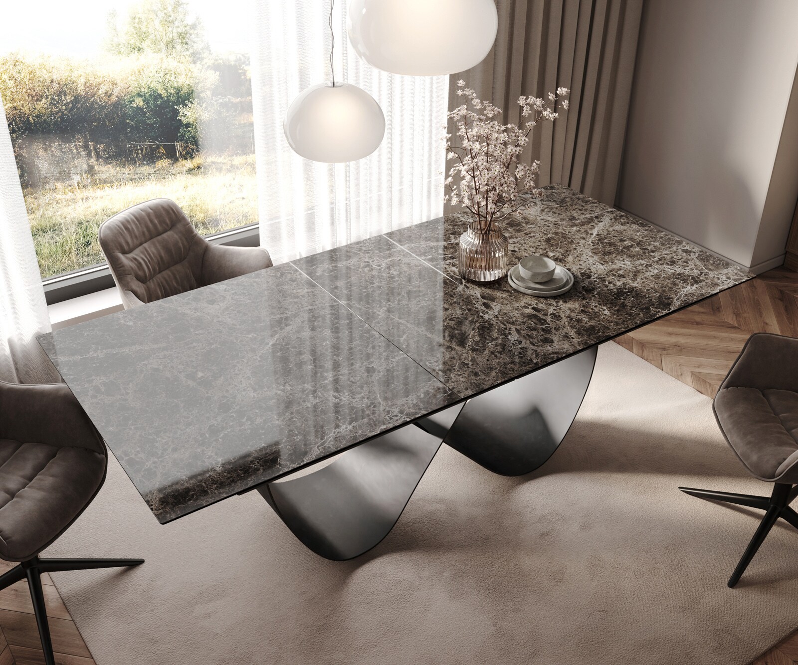 Table de salle à manger Edge Céramique Emperador Extra Lucidato Brun foncé 180-220x100 Infinity Métal Noir extensible 3