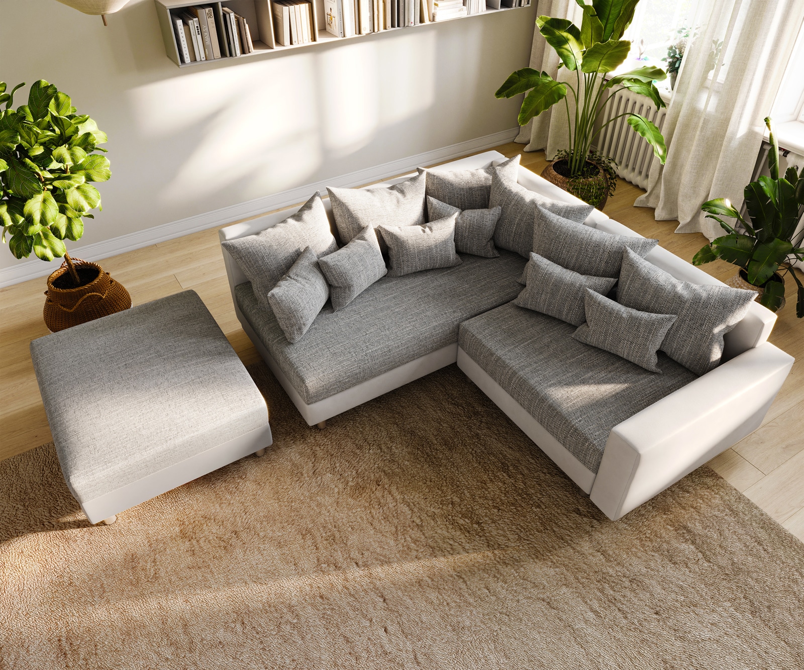 Canapé-d'angle Clovis Tabouret blanc gris clair Accoudoir Poufs gauche Canapé modulaire 5 Canapé-d'angle Clovis Tabouret blanc gris clair Accoudoir Poufs gauche Canapé modulaire 5