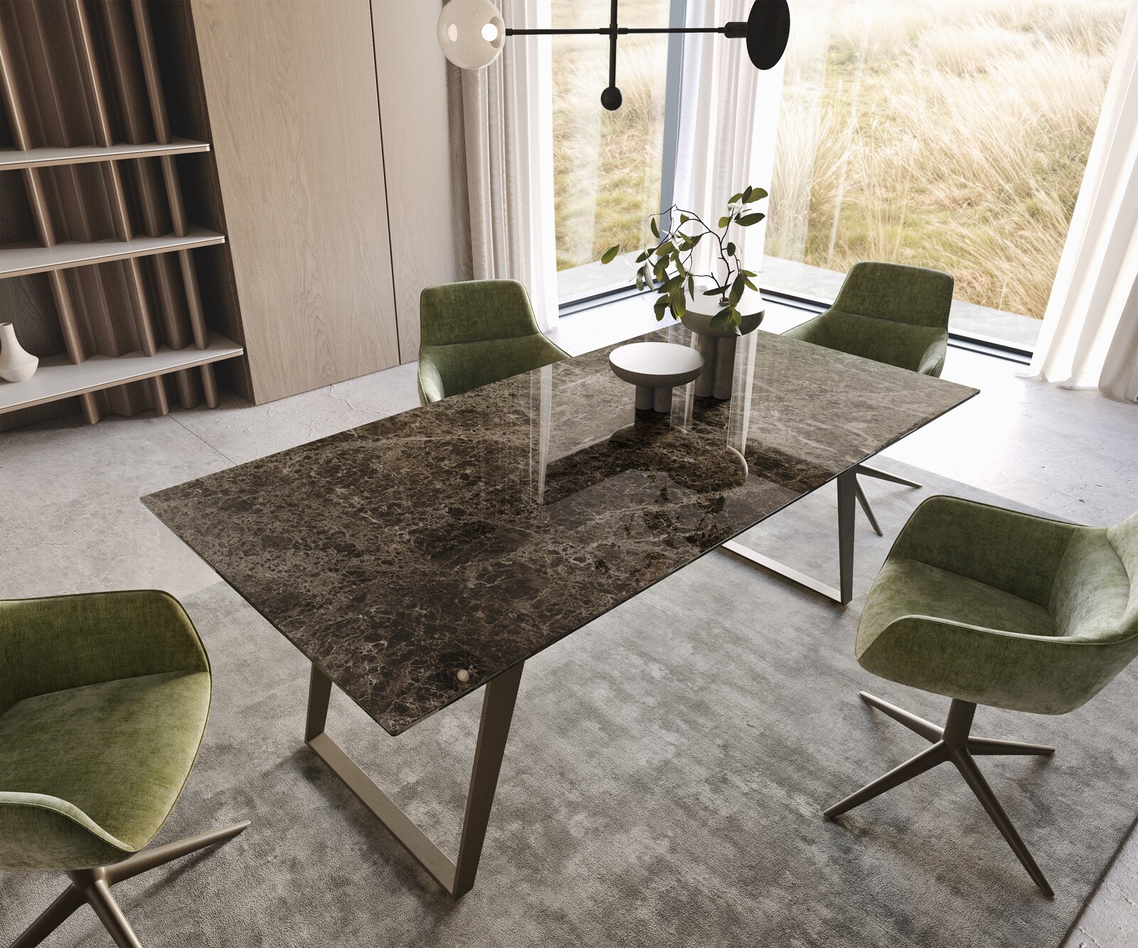 Table de salle à manger Edge Céramique Emperador Extra Lucidato Brun foncé 200x100 Métal finition effet Titane incliné 1