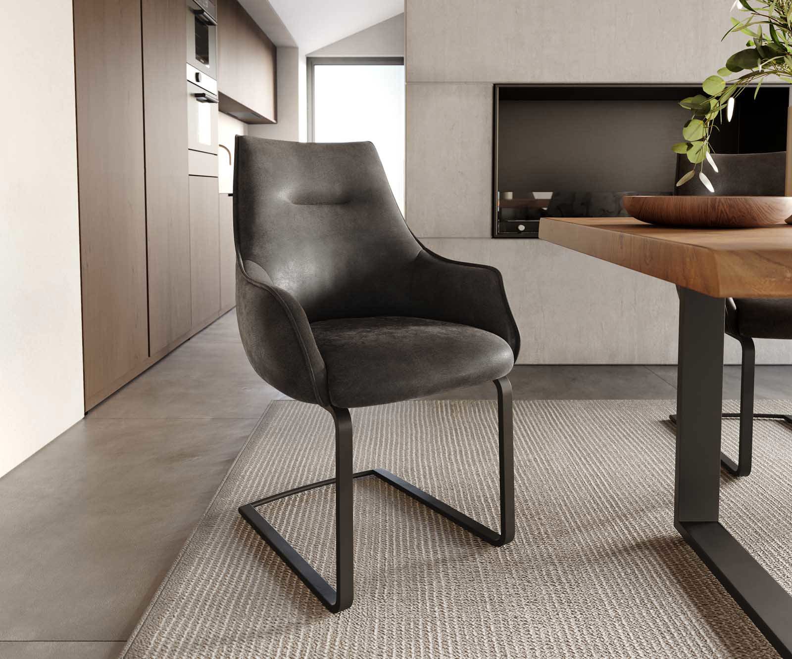 Cantilever Alja-Flex avec accoudoirs microvelours anthracite vintage pied cantilever plat noir ressorts ensachés