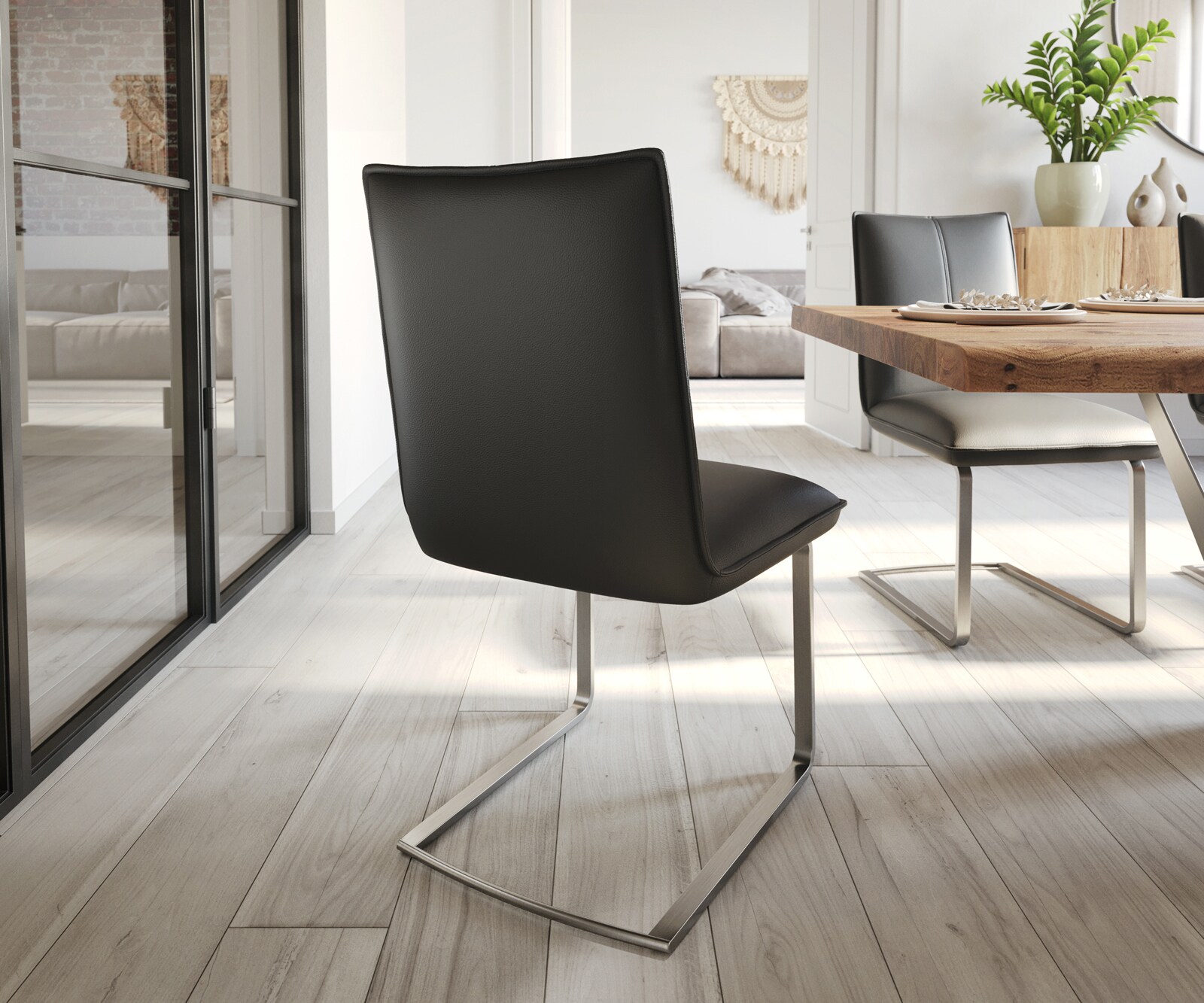 Cantilever Lelio-Flex cuir de vache noir pied cantilever plat acier inoxydable brossé ressorts ensachés 4