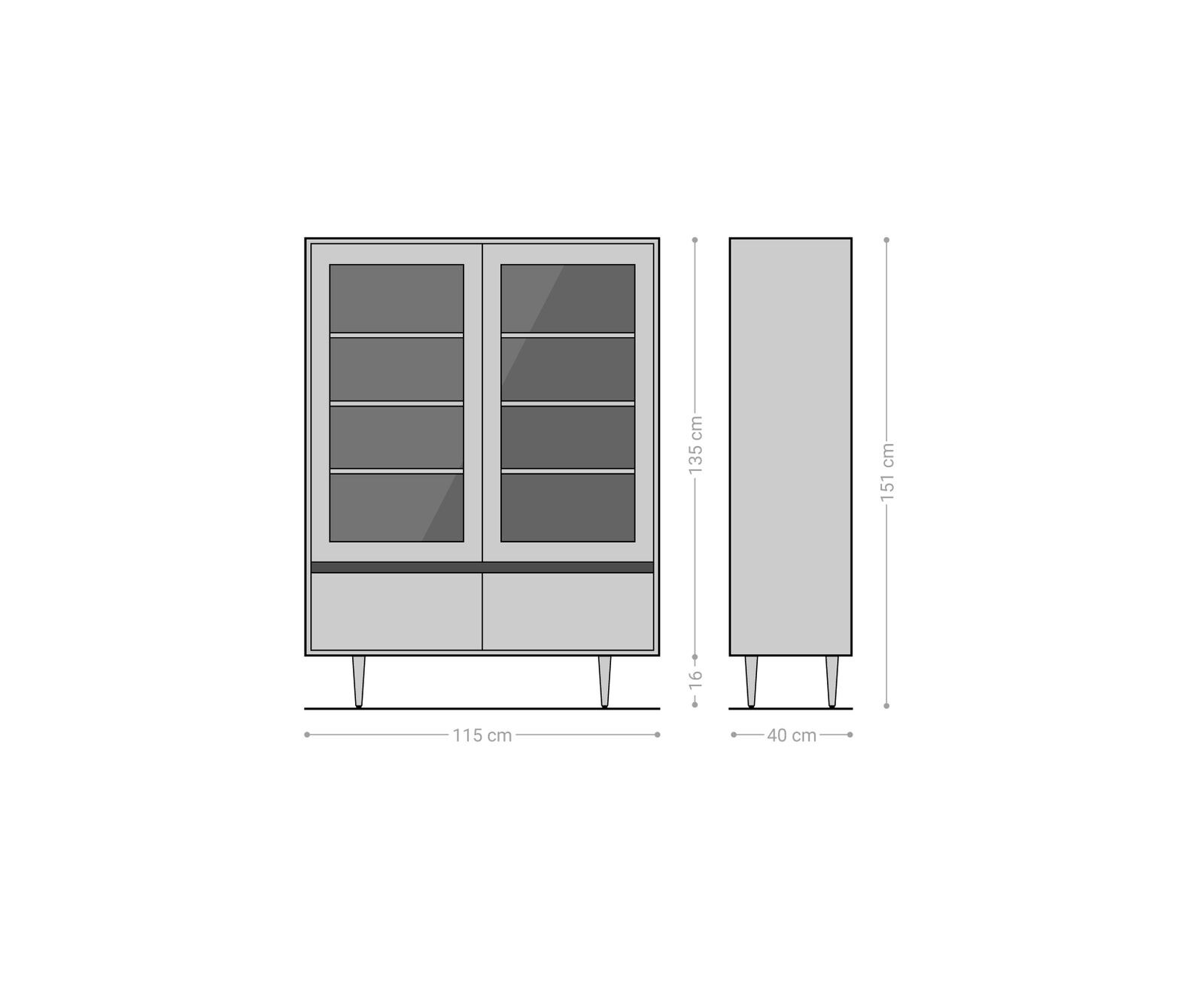 Vitrine Budaya 115x135 cm Manguier naturel 4 portes Pieds coniques 8