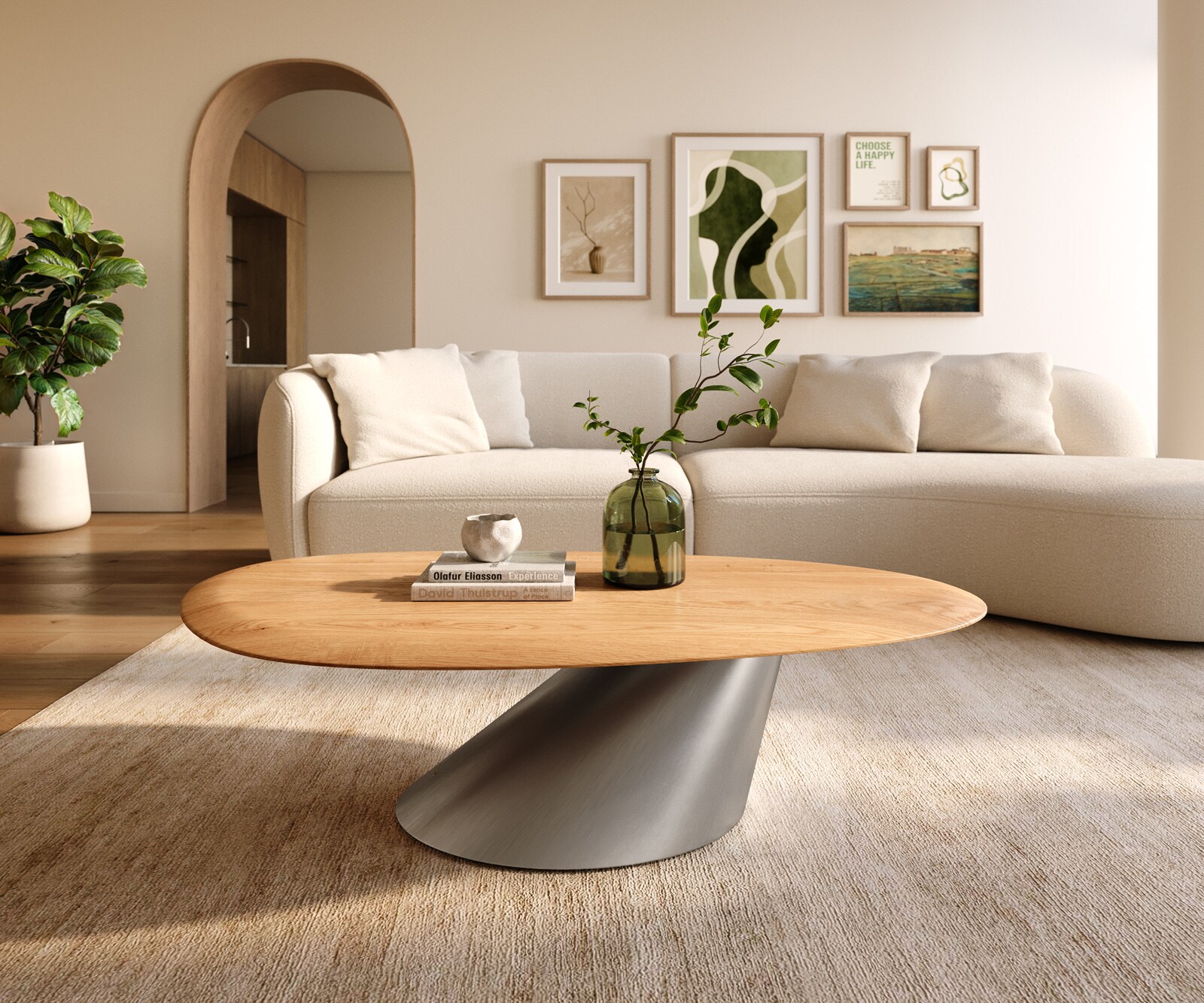 Table basse Edge Oval 140x75 cm chêne naturel bord arrondi Conis acier inoxydable brossé 1