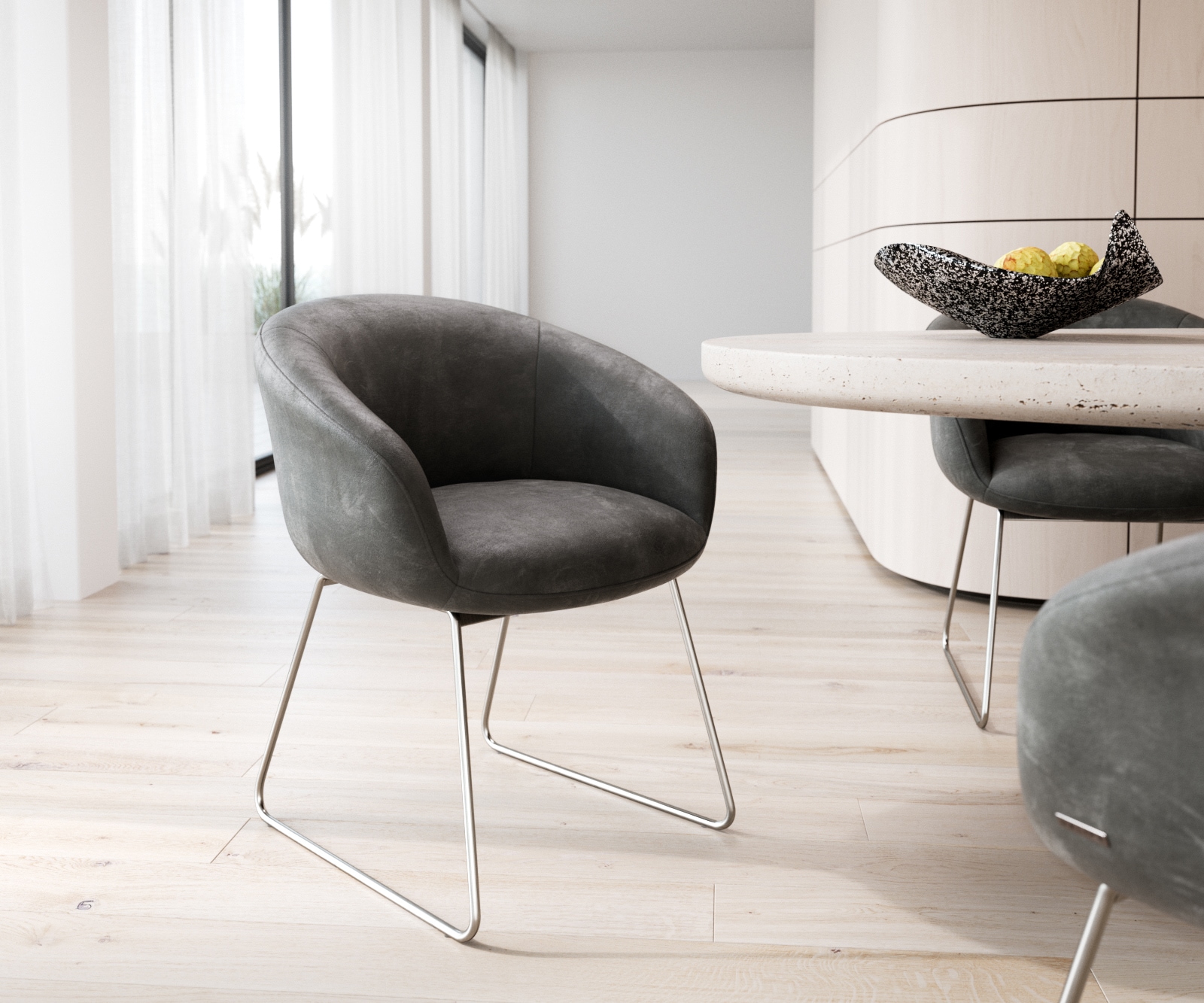 Chaise-de-salle-à-manger Vinka-Flex avec accoudoirs microvelours anthracite vintage pied trapèze acier inoxydable brossé ressorts ensachés Chaise-de-salle-à-manger Vinka-Flex avec accoudoirs microvelours anthracite vintage pied trapèze acier inoxydable brossé ressorts ensachés