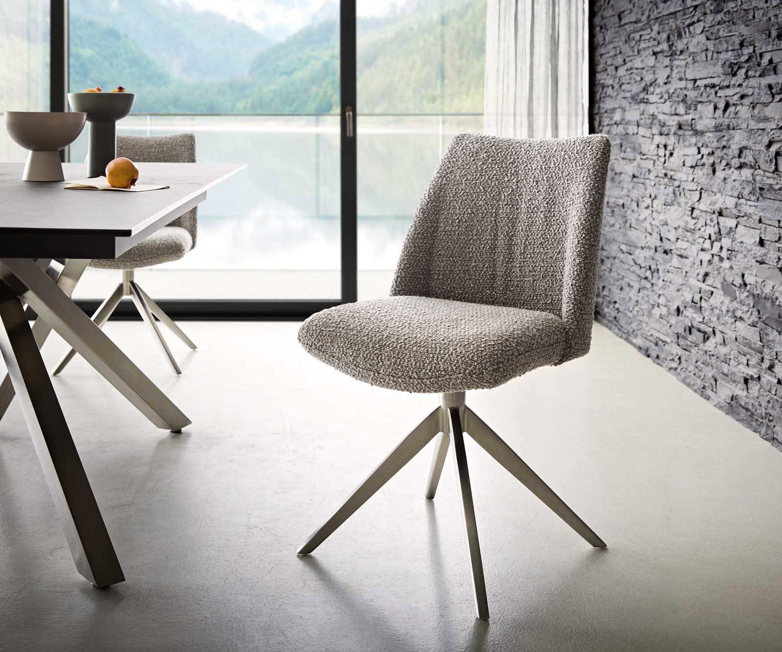 Chaise-pivotante Elso-Flex bouclé gris argenté pied croisé large acier inoxydable brossé pivotement sur 360° ressorts ensachés Chaise-pivotante Elso-Flex bouclé gris argenté pied croisé large acier inoxydable brossé pivotement sur 360° ressorts ensachés