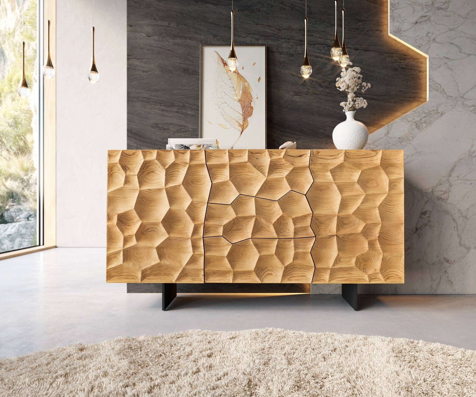 buffet Solu 145 cm en chêne naturel 2 portes 3 tiroirs pieds profilés métal noir face avant 3D 1