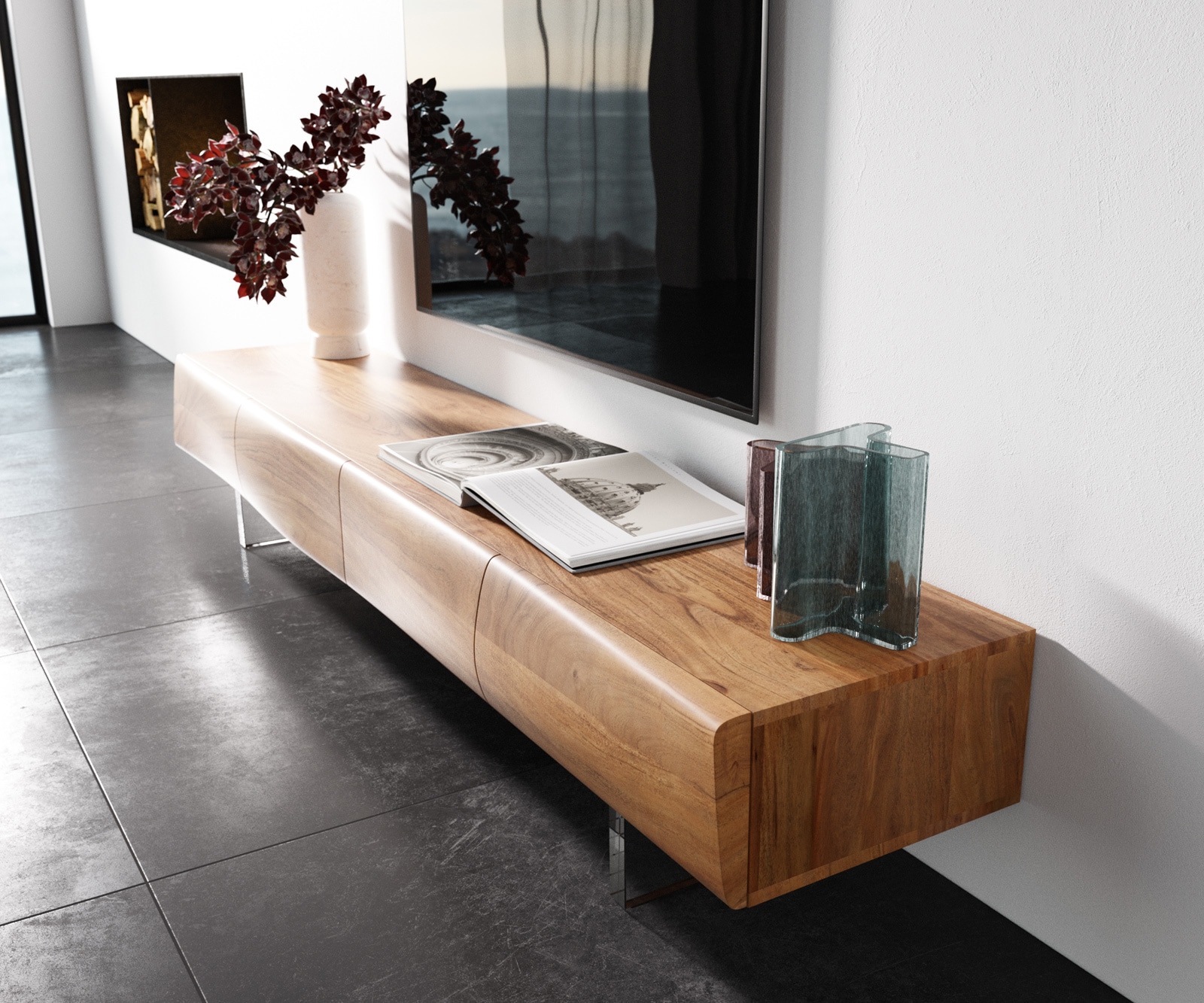 Meuble TV New Live-Edge 200 cm acacia naturel 4 portes pied acrylique 2