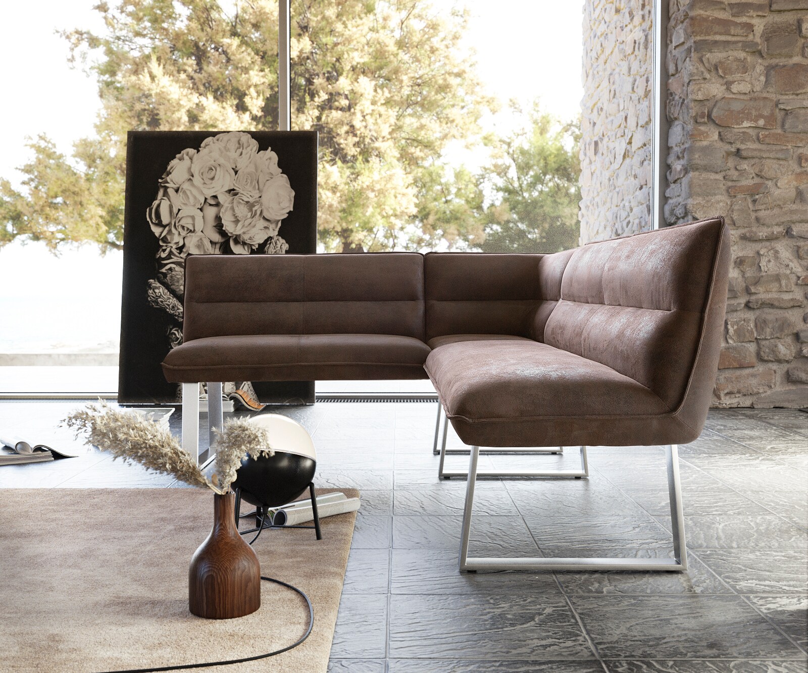 Banc-d'angle Salvo 200x160 cm structure inoxydable vintage marron variable 3