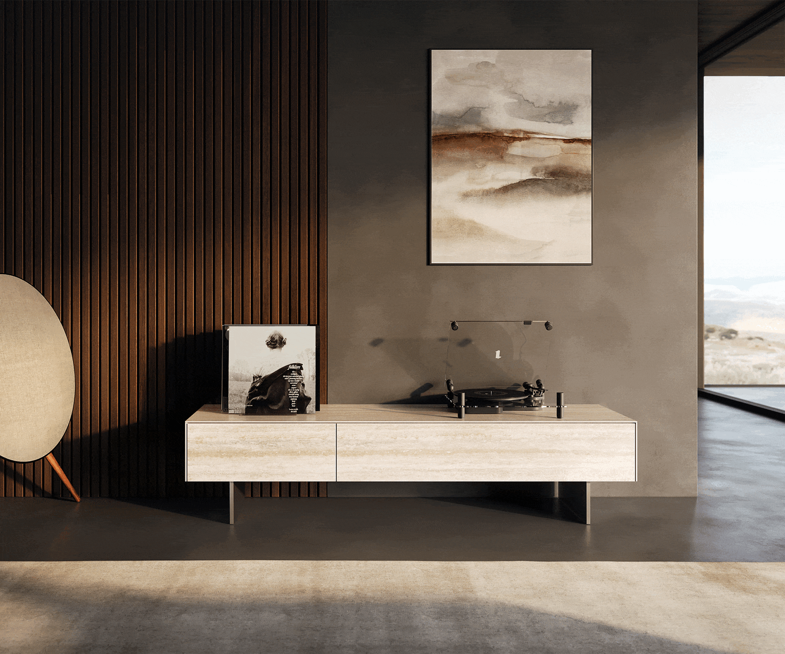 Meuble-TV Cuor 150 cm Céramique Laminam® Travertino Bianco Crème-blanc 1 Clapet 1 Tiroir Pied optique flottant Ancier inoxydable 1