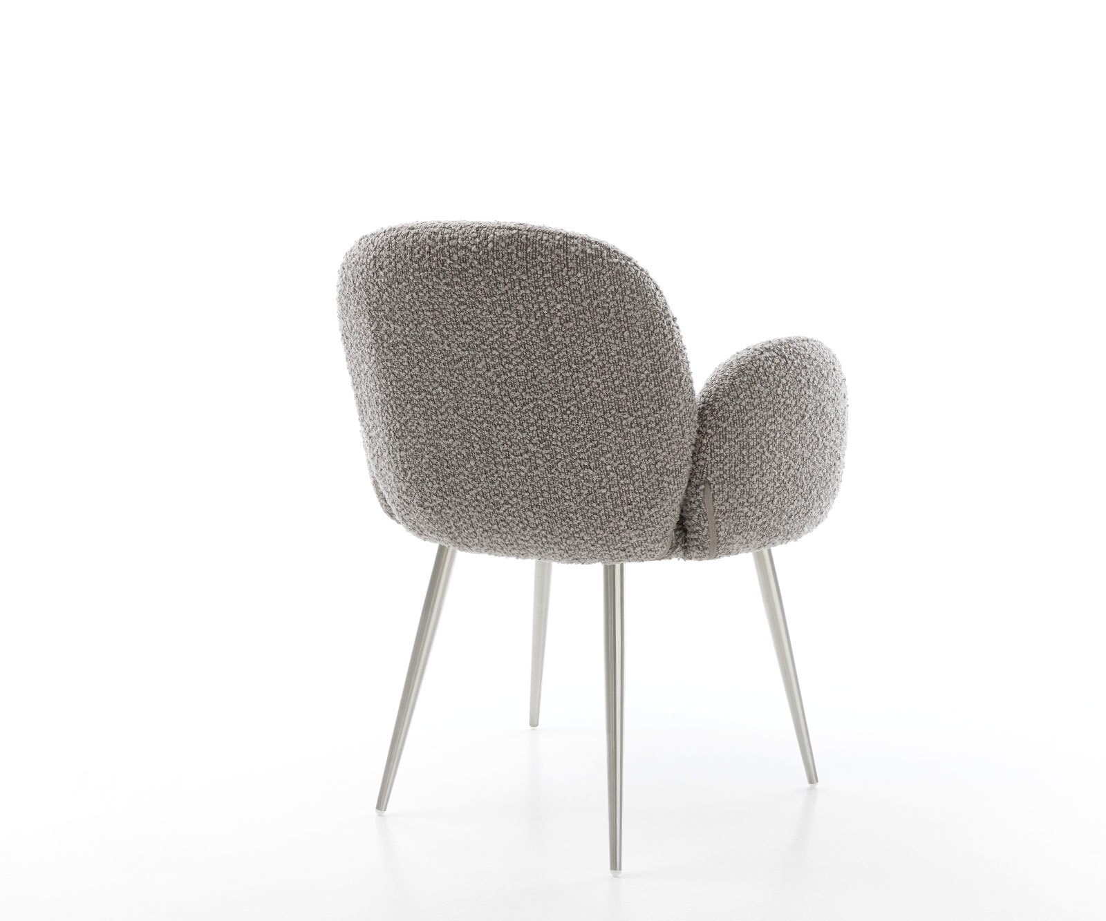 Chaise-de-salle-à-manger Nube-Flex avec accoudoirs bouclé gris argenté 4 pieds coniques acier inoxydable brossé ressorts ensachés 4 Chaise-de-salle-à-manger Nube-Flex avec accoudoirs bouclé gris argenté 4 pieds coniques acier inoxydable brossé ressorts ensachés 4