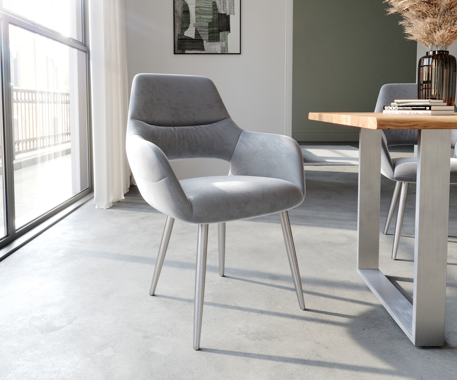 Chaise-de-salle-à-manger Yago-Flex avec accoudoirs velours gris 4 pieds coniques acier inoxydable brossé ressorts ensachés Chaise-de-salle-à-manger Yago-Flex avec accoudoirs velours gris 4 pieds coniques acier inoxydable brossé ressorts ensachés