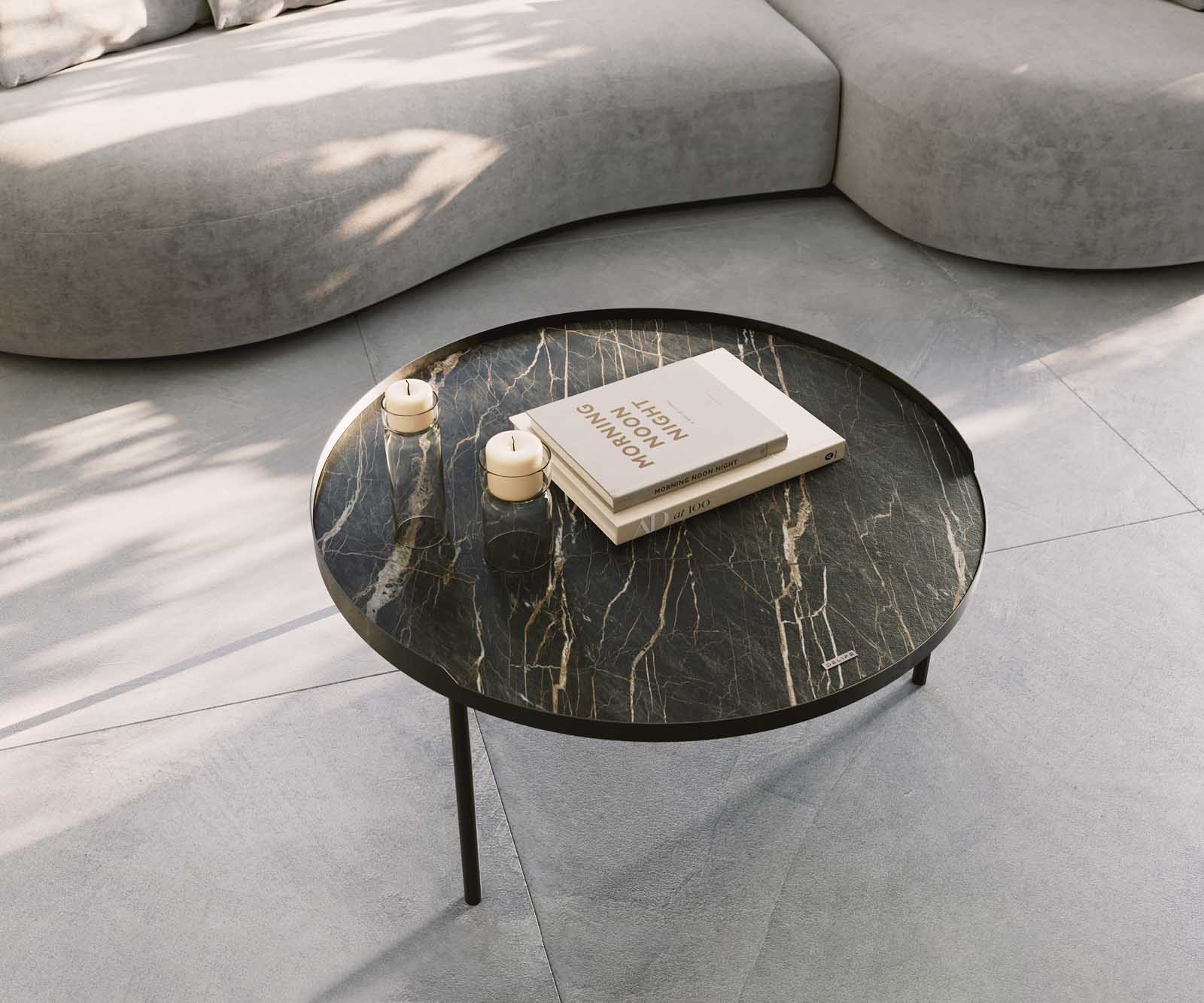 Table-basse Torell 80x80 cm Céramique Laminam®Noir Désir Marron Cadre métallique finition effet titane 4
