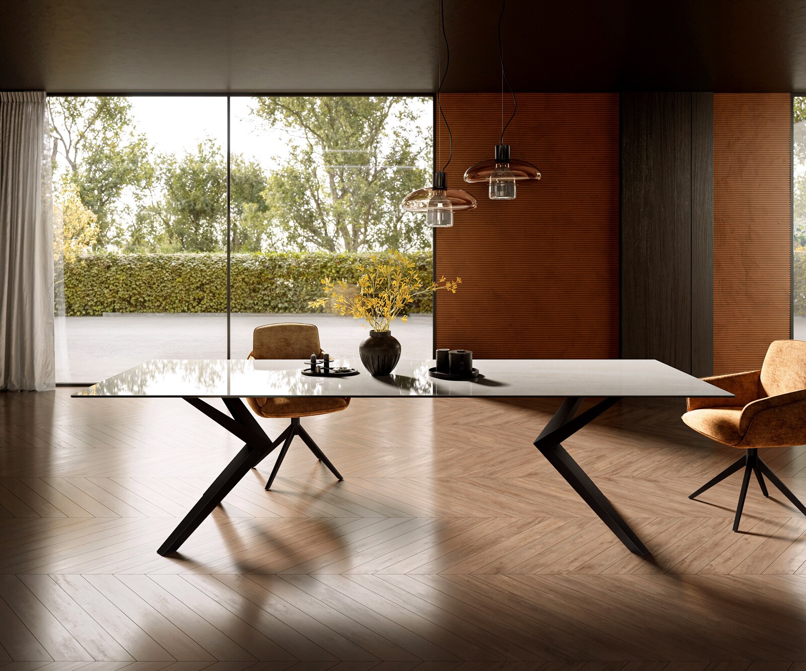 Table à manger Edge 300x100 cm céramique Onyx Champagne Zenthara angulaire métal noir 1