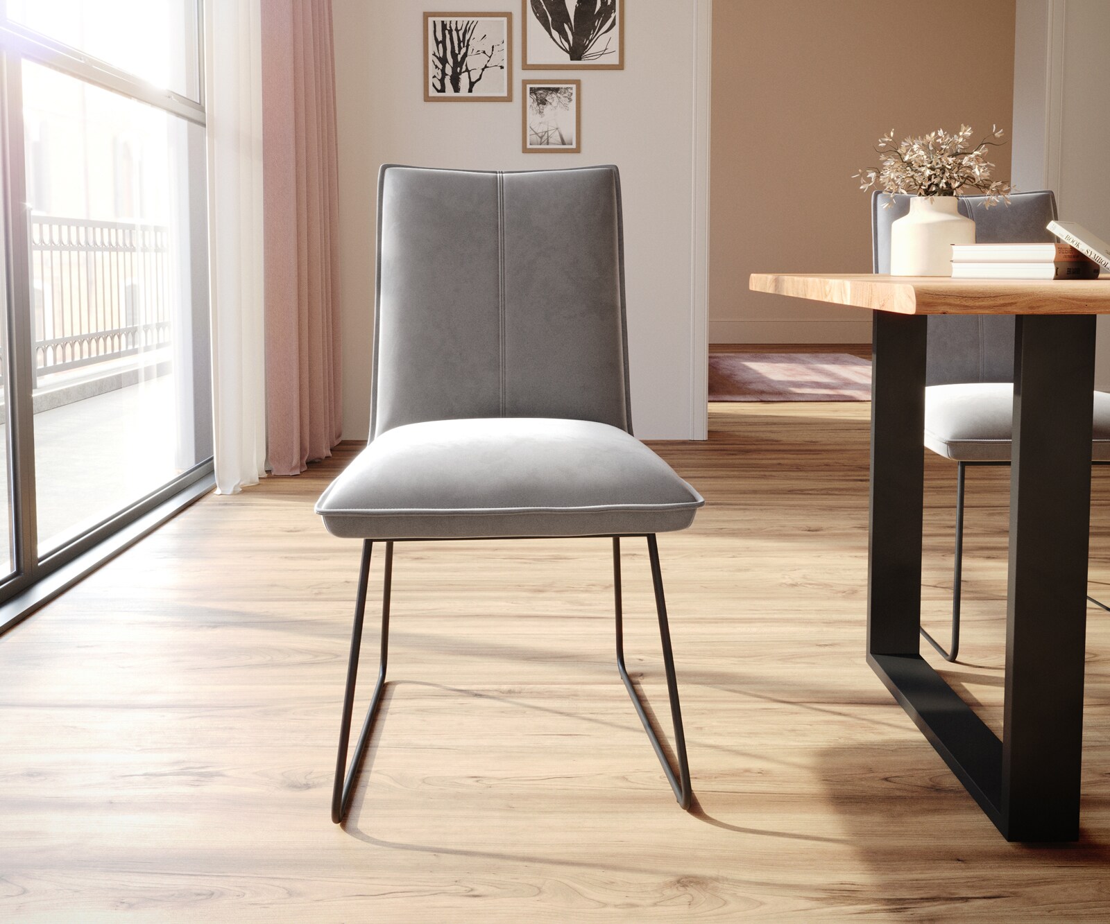 Chaise-de-salle-à-manger Lelio-Flex velours gris pied trapèze noir ressorts ensachés 2