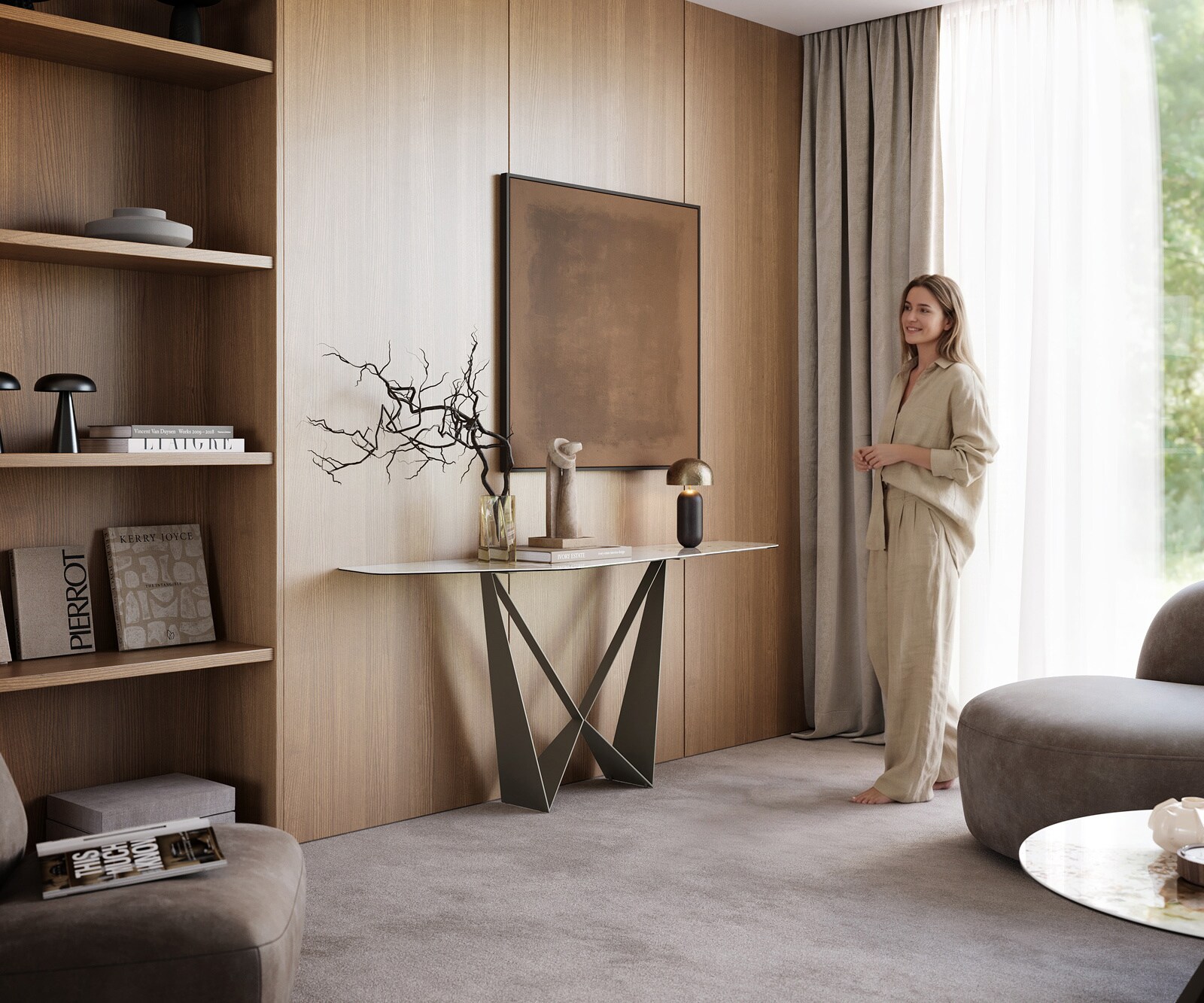 Console Edge Polygonal 180x50 cm Céramique Minas Melange Weiß-Beige Spios Métal Effektfinish Titan 7