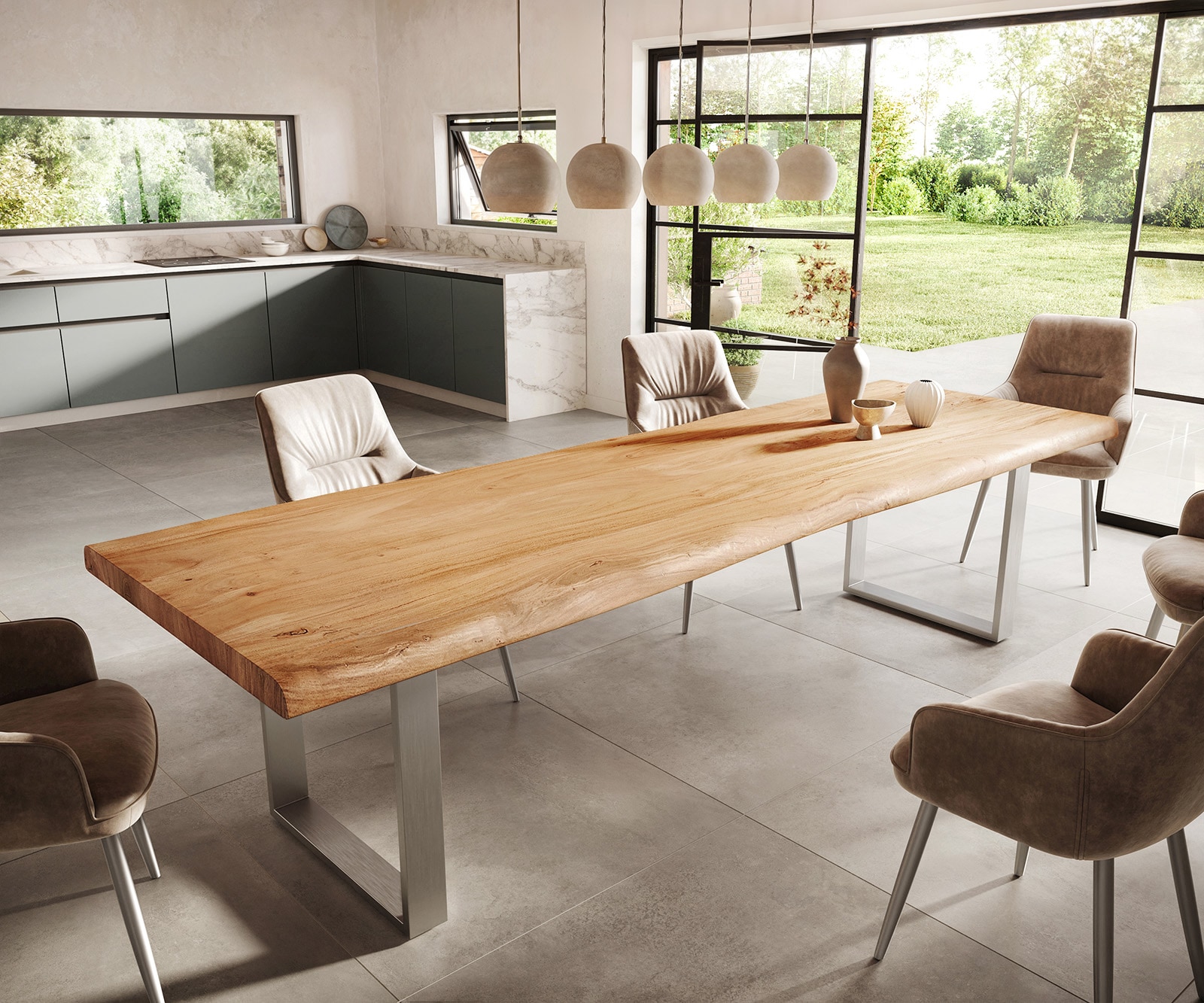 Table-à-manger Edge 300x100 XL acacia nature acier inoxydable mince Live-Edge 1