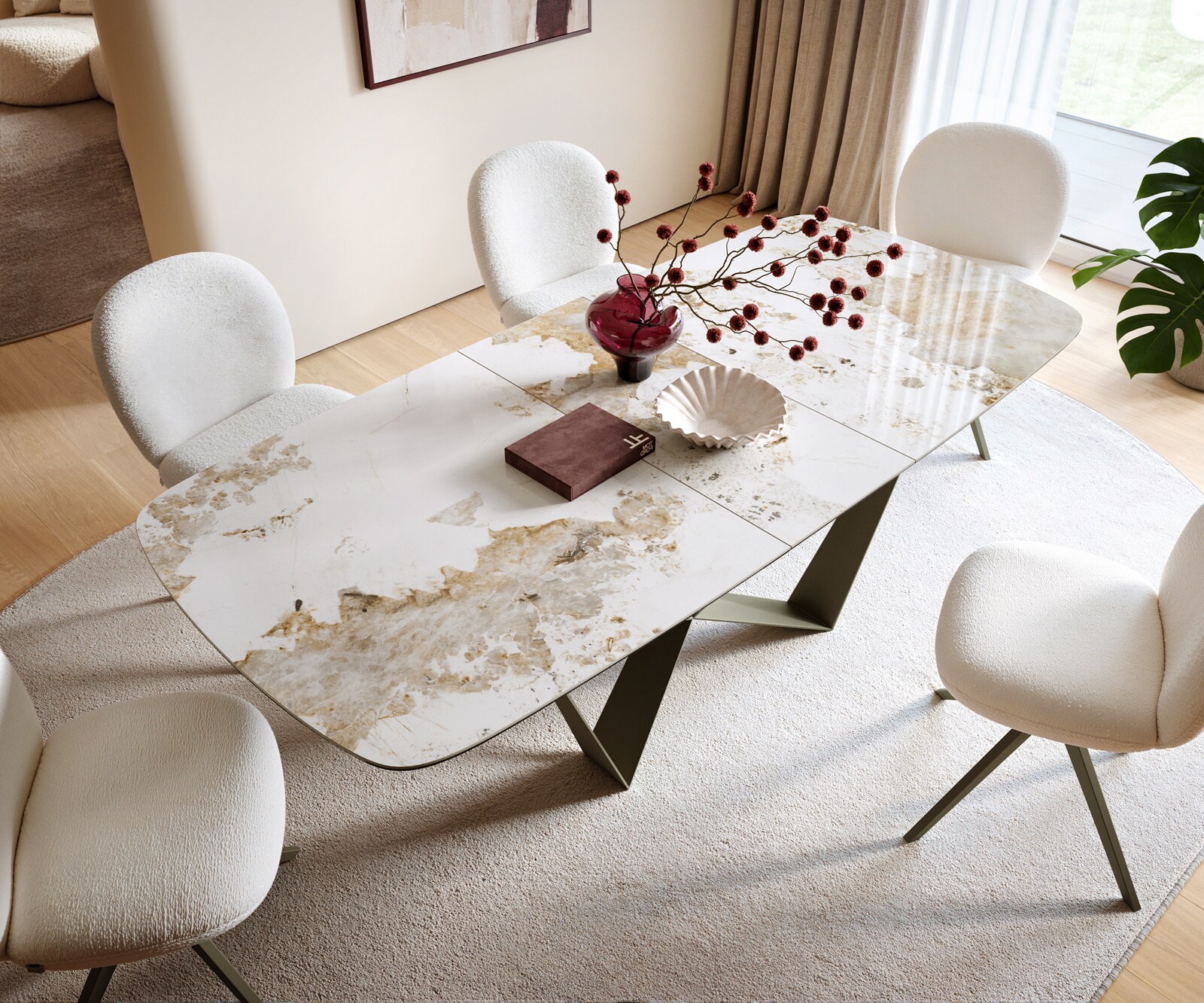 Table à manger Edge Boot 180-220x100 cm Céramique Minas Melange Blanc-Beige Spider Métal Finition effet Titan extensible 4