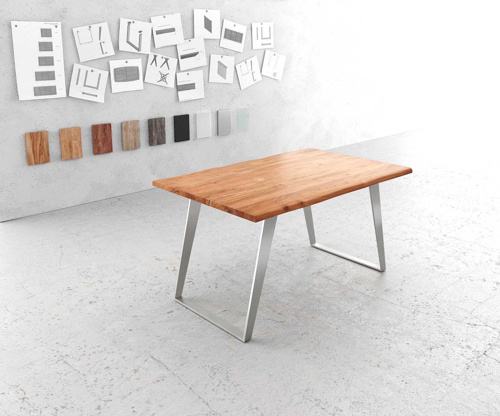 Table-à-manger Edge 140x90cm acacia nature acier inoxydable argent incliné Live-Edge 1