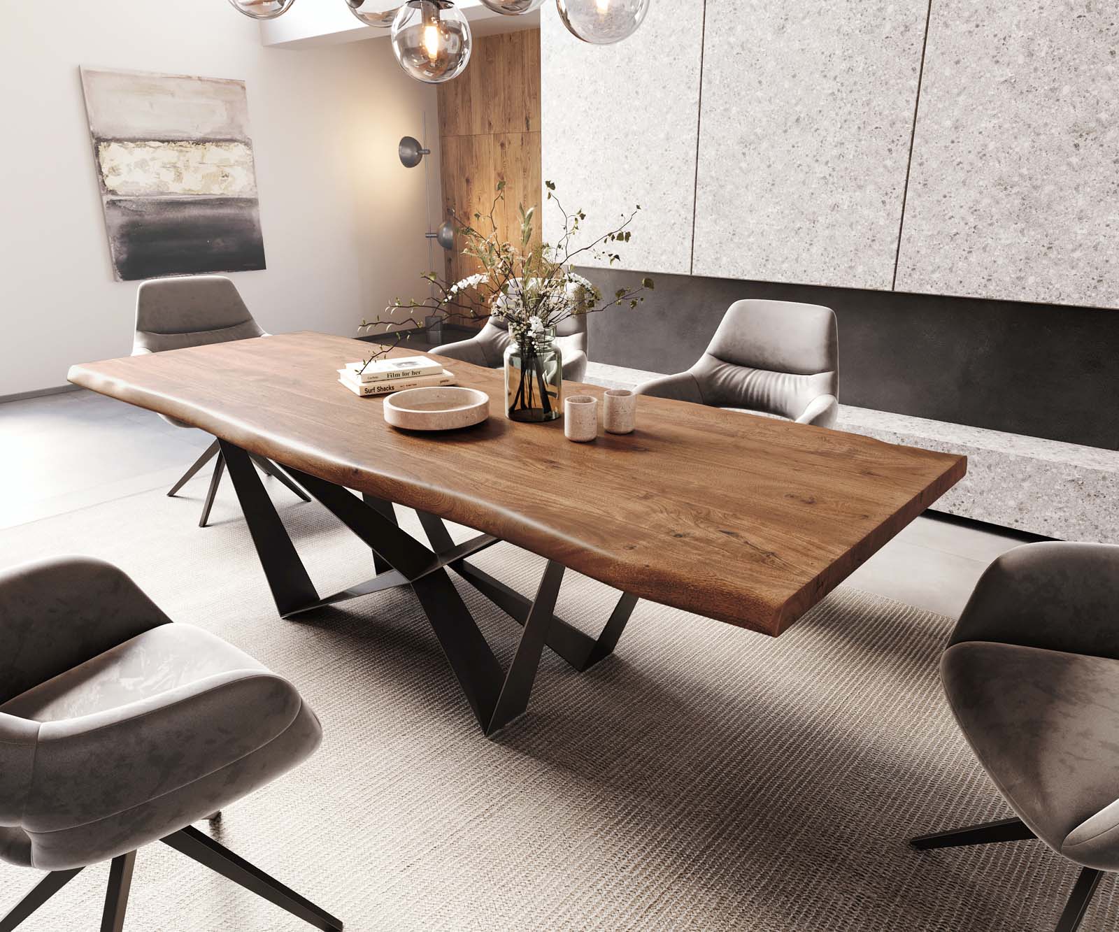 Table à manger Edge 260x100 XL acacia marron Spider acier plat noir Live-Edge 1