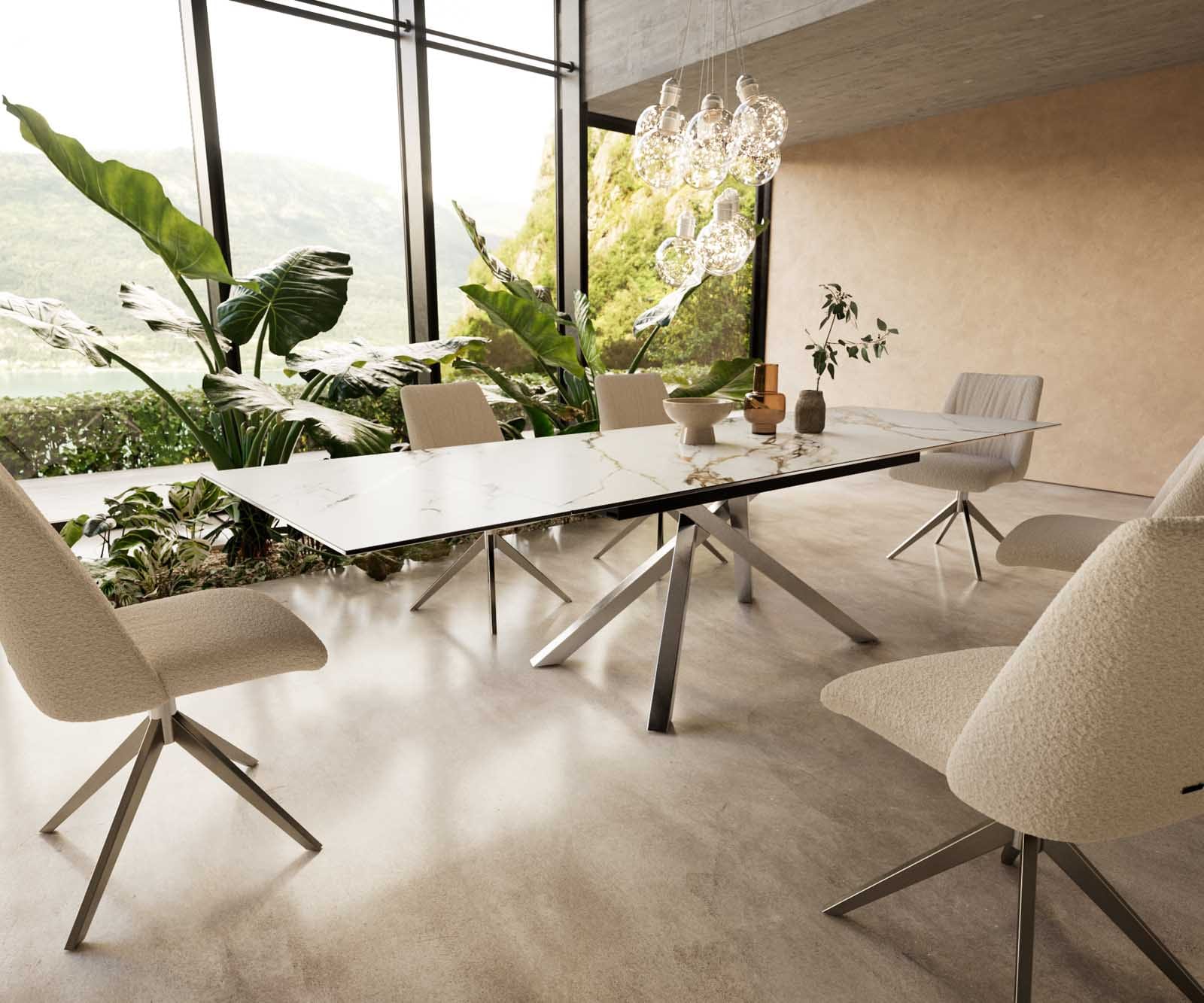 Table à manger Edge 200-300x100 céramique Calacatta Luxe blanc-doré-gris cadre croisé rectangulaire acier inoxydable extensible Table à manger Edge 200-300x100 céramique Calacatta Luxe blanc-doré-gris cadre croisé rectangulaire acier inoxydable extensible