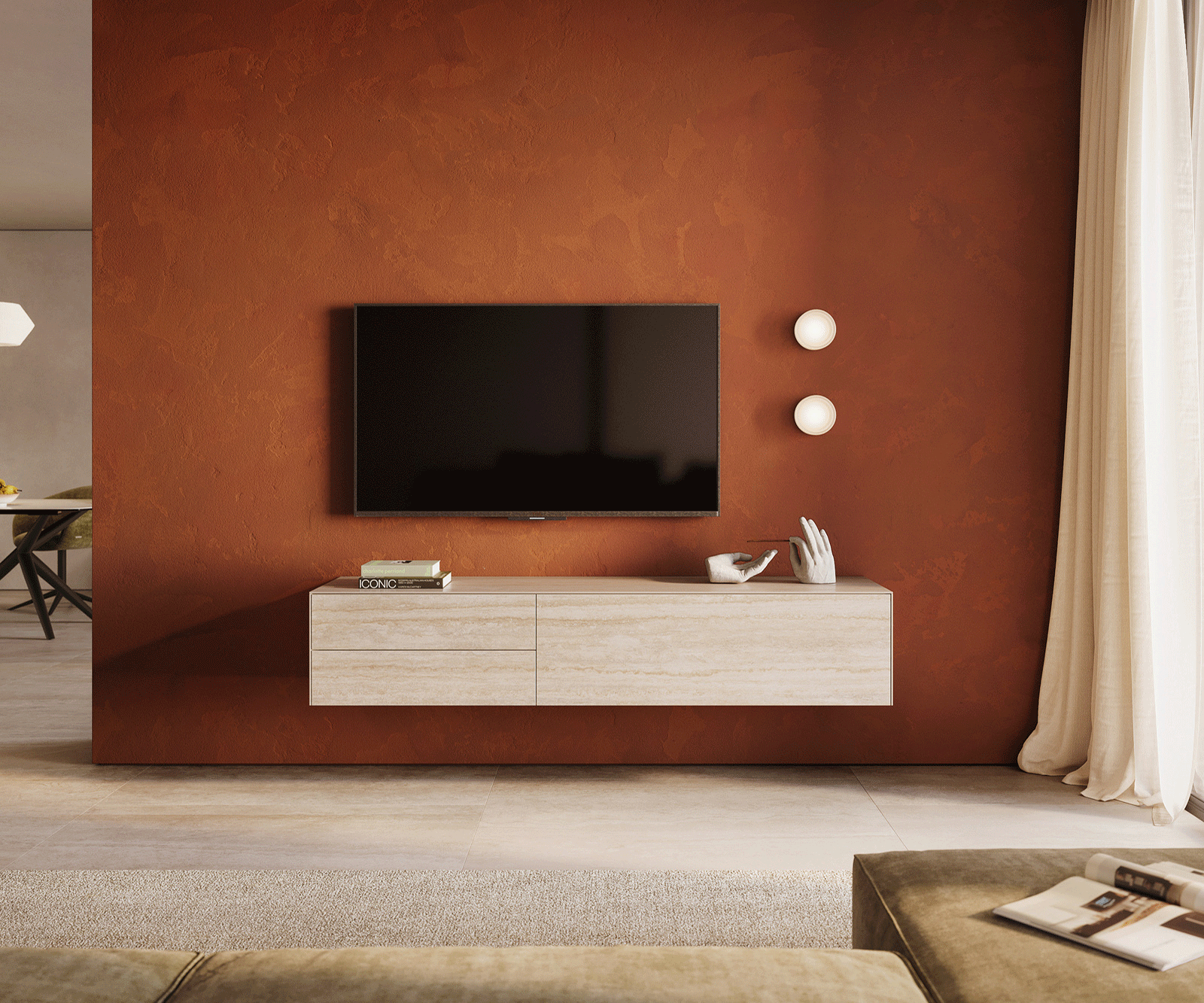 Meuble-TV Cuor 180 cm Céramique Laminam® Travertino Bianco Crème-blanc 1 Clapet 2 Tiroirs Flottant 2