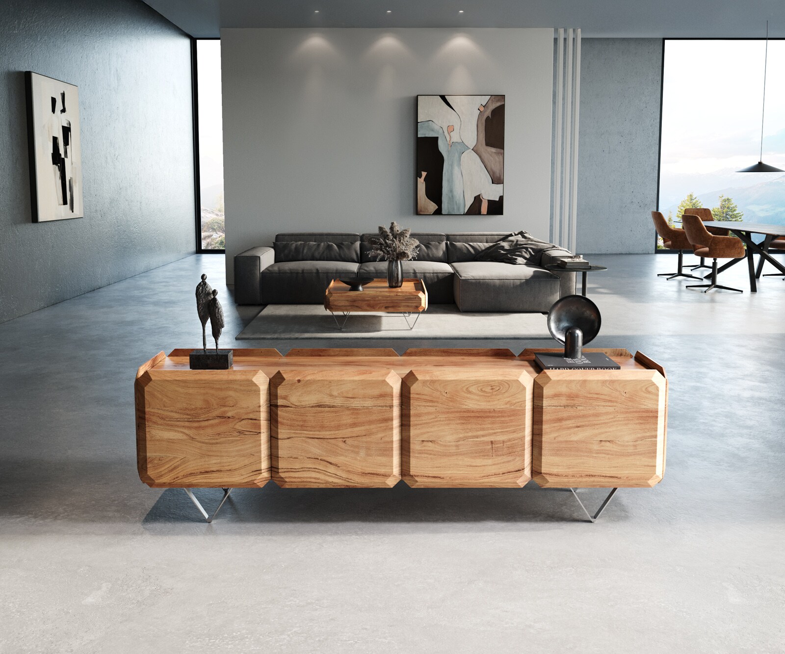 Meuble-bas Kiano 200 cm Acacia Nature 4 Portes Pied en V Acier inoxydable Séparateur de pièce 1