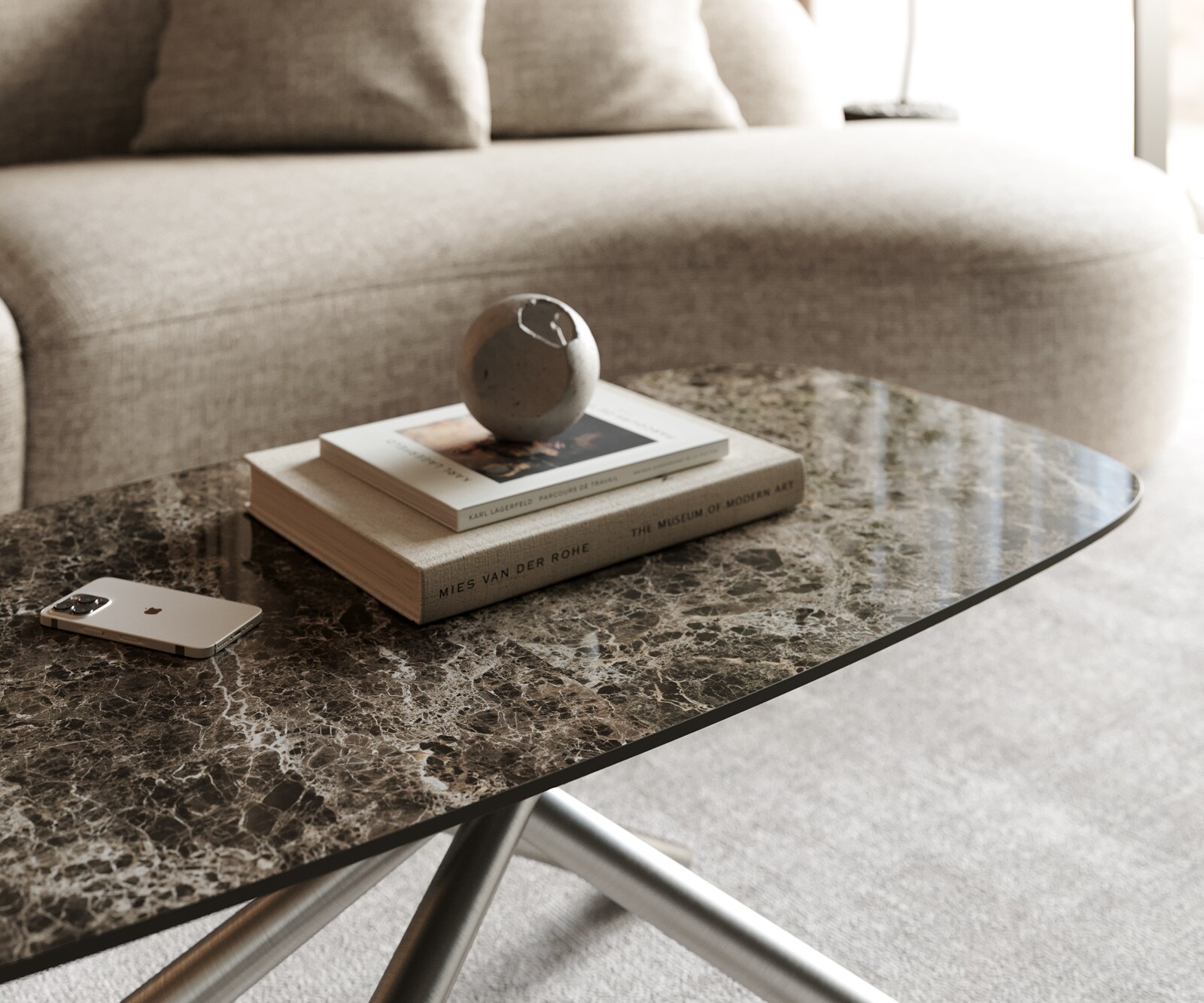 Table basse Edge bateau 100x50 cm céramique Emperador Extra Lucidato brun foncé Sarity acier inoxydable brossé 5