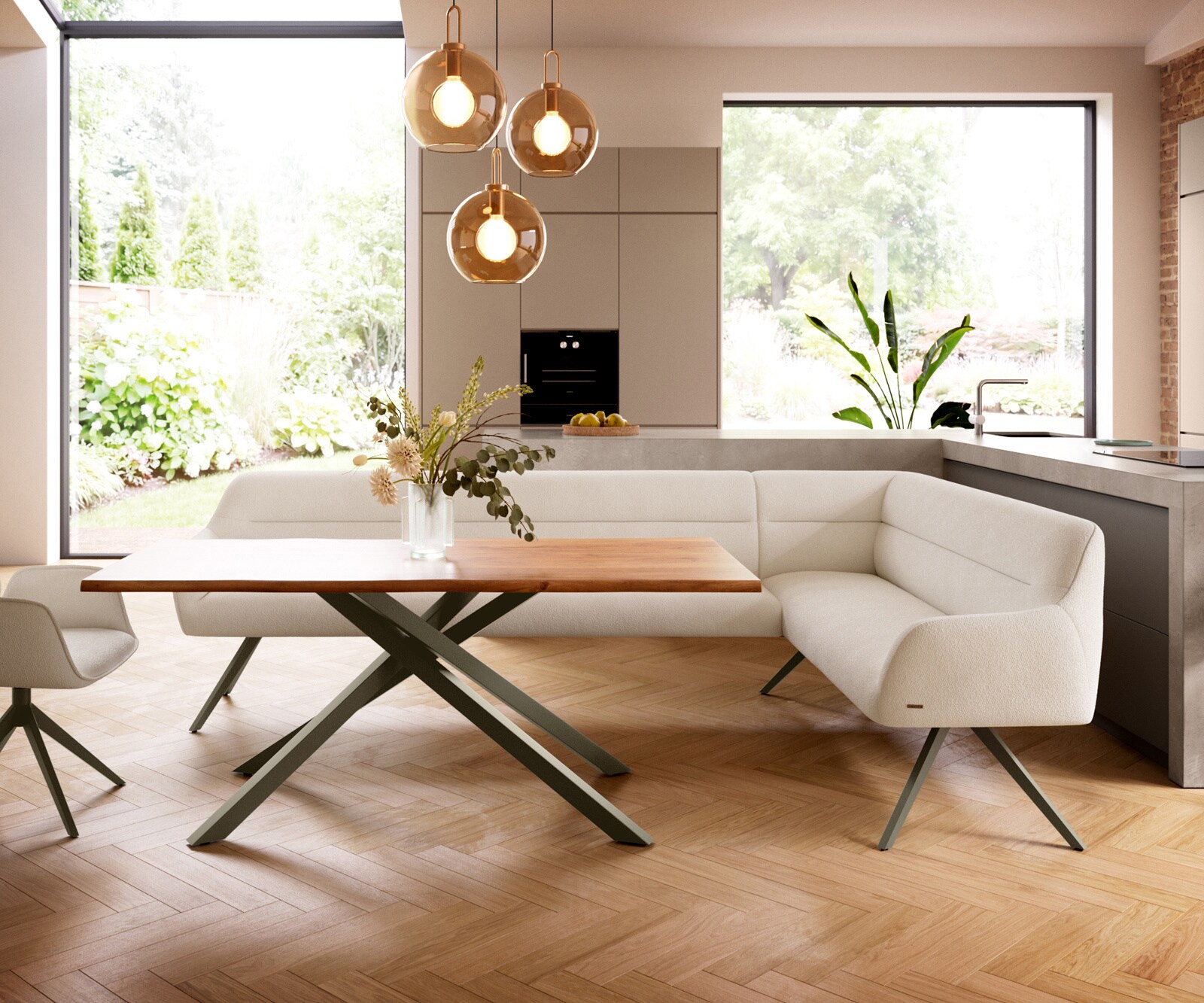 Banc-de-salle-à-manger Taya-Flex 285x190 cm bouclé crème-blanc pied croisé angulaire titane ressort ensaché liens 1
