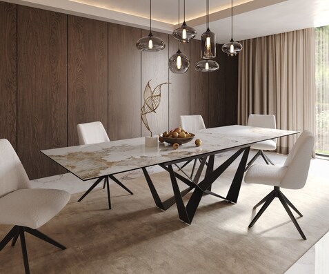 Table à manger Edge 200-300x100 céramique Minas mélange blanc-beige Spider acier plat noir extensible