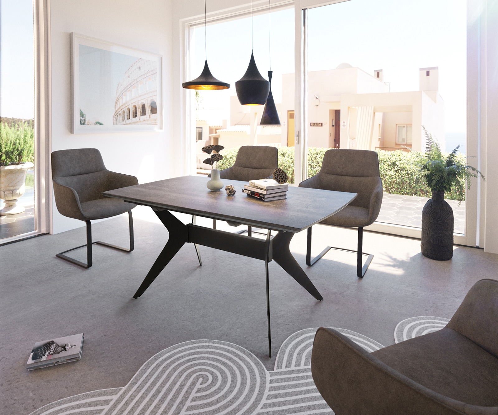 Table-à-manger Edona 160/200x90 cm look céramique gris métal extensible 1 Table-à-manger Edona 160/200x90 cm look céramique gris métal extensible 1