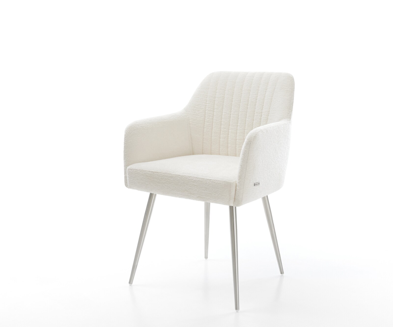 Chaise-de-salle-à-manger Greg-Flex bouclé doux beige 4 pieds coniques acier inoxydable resorts ensachés