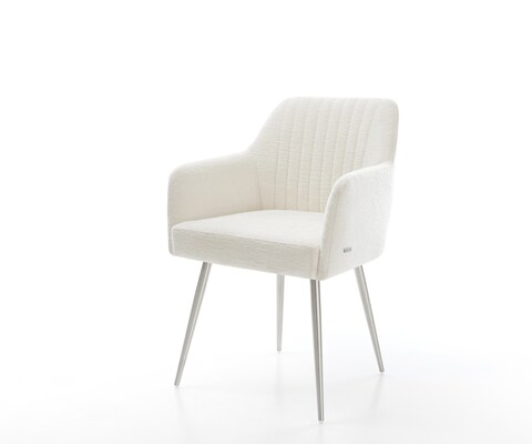 Chaise-de-salle-à-manger Greg-Flex bouclé doux beige 4 pieds coniques acier inoxydable resorts ensachés