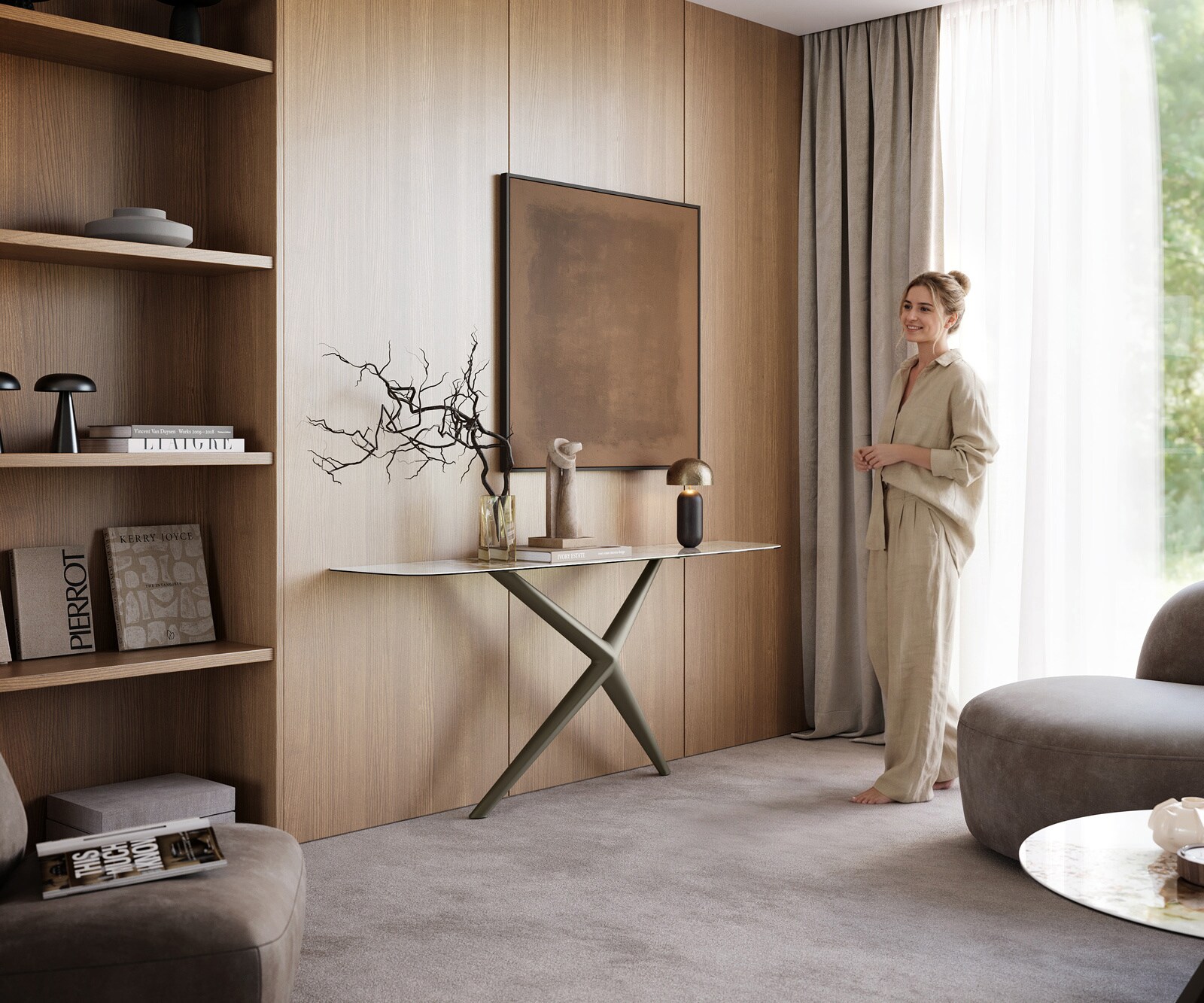 Console Edge forme bateau 180x40 cm Céramique Minas Melange Weiß-Beige Estelo Métal Effektfinish Titan 7