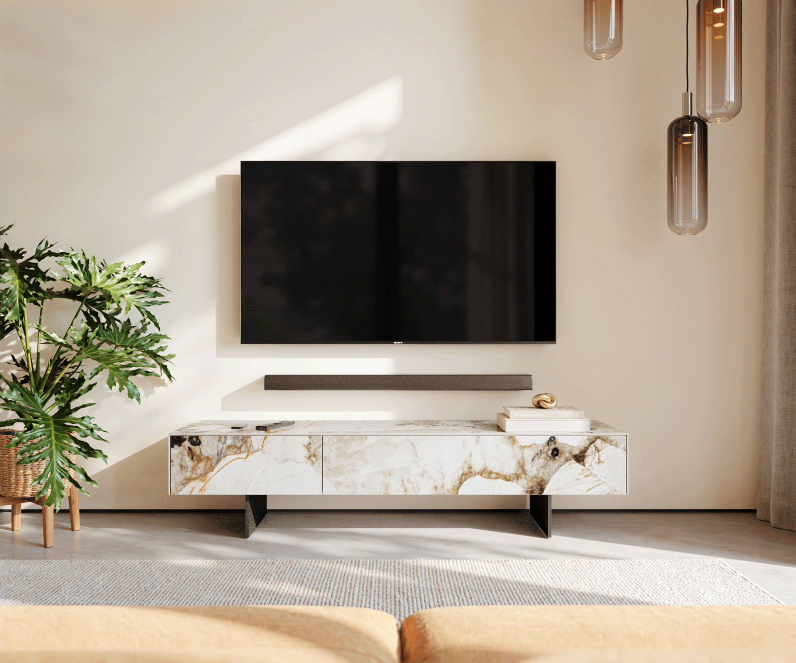 Meuble-TV Cuor 150 cm Céramique Patagonia raffinée 1 Clapet 1 Tiroir Pied optique flottant Métal Noir 2