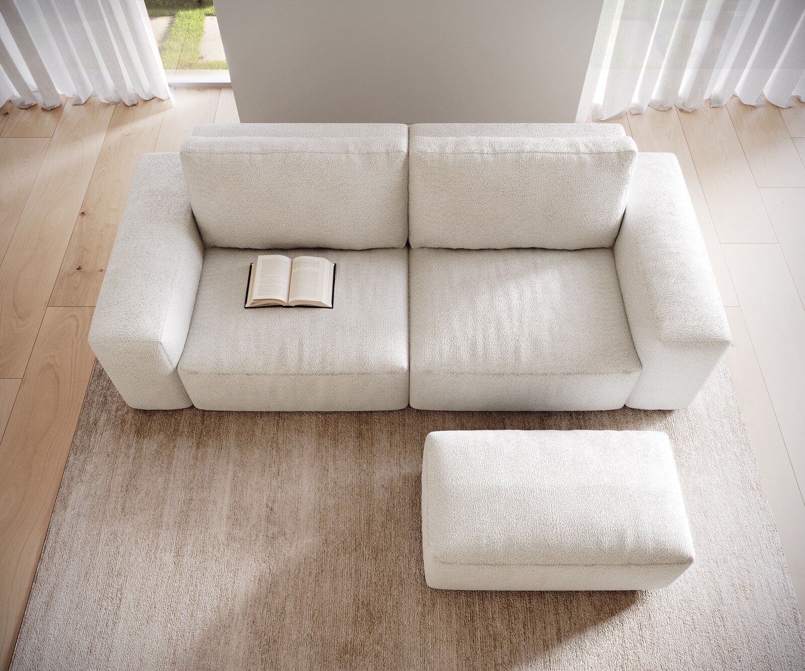 Big canapé Lanzo 230x95 cm bouclé blanc crème avec pouf 4