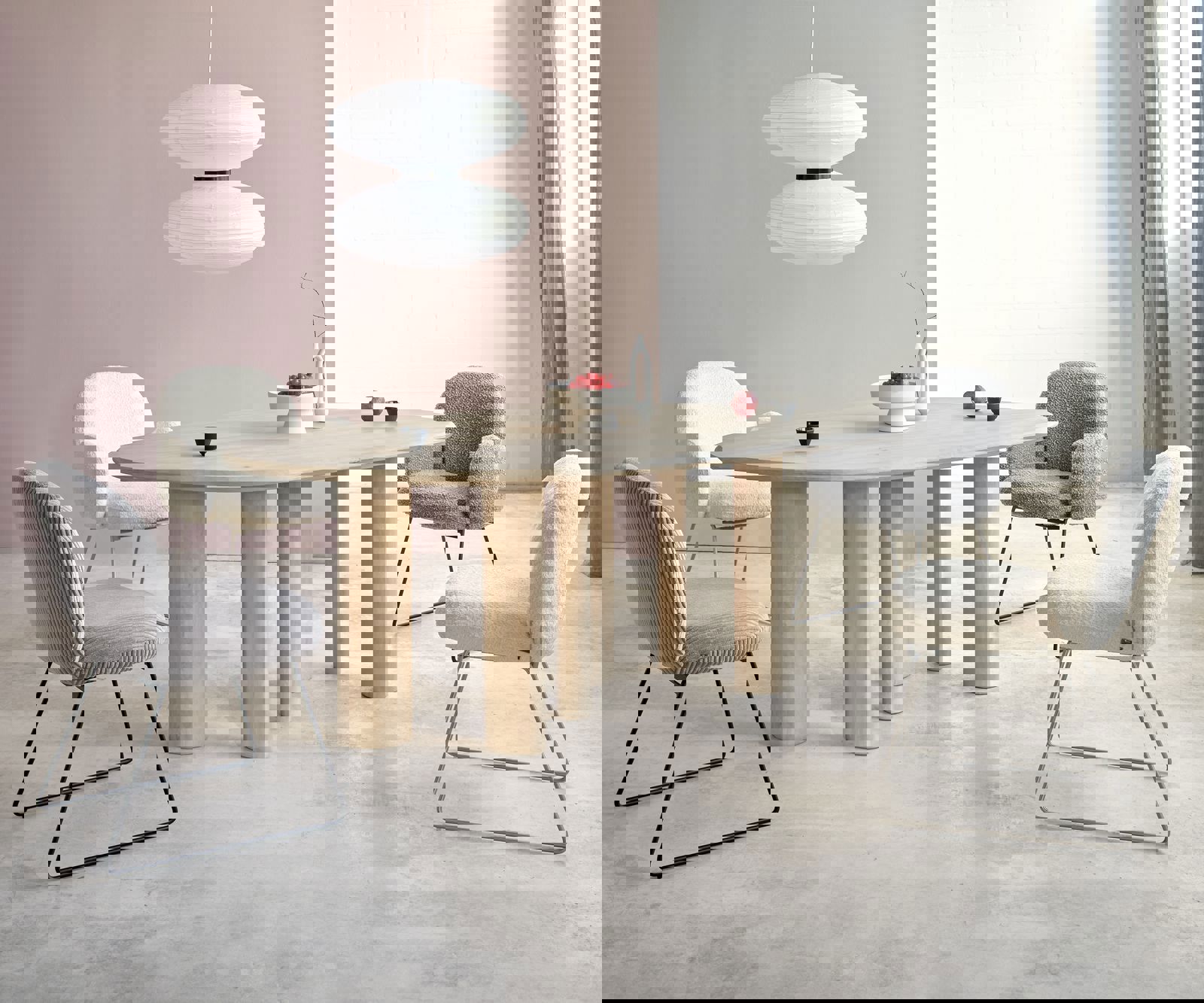 Chaise-de-salle-à-manger Nube-Flex avec accoudoirs bouclé blanc pied trapèze acier inoxydable brossé ressorts ensachés 4 Chaise-de-salle-à-manger Nube-Flex avec accoudoirs bouclé blanc pied trapèze acier inoxydable brossé ressorts ensachés 4